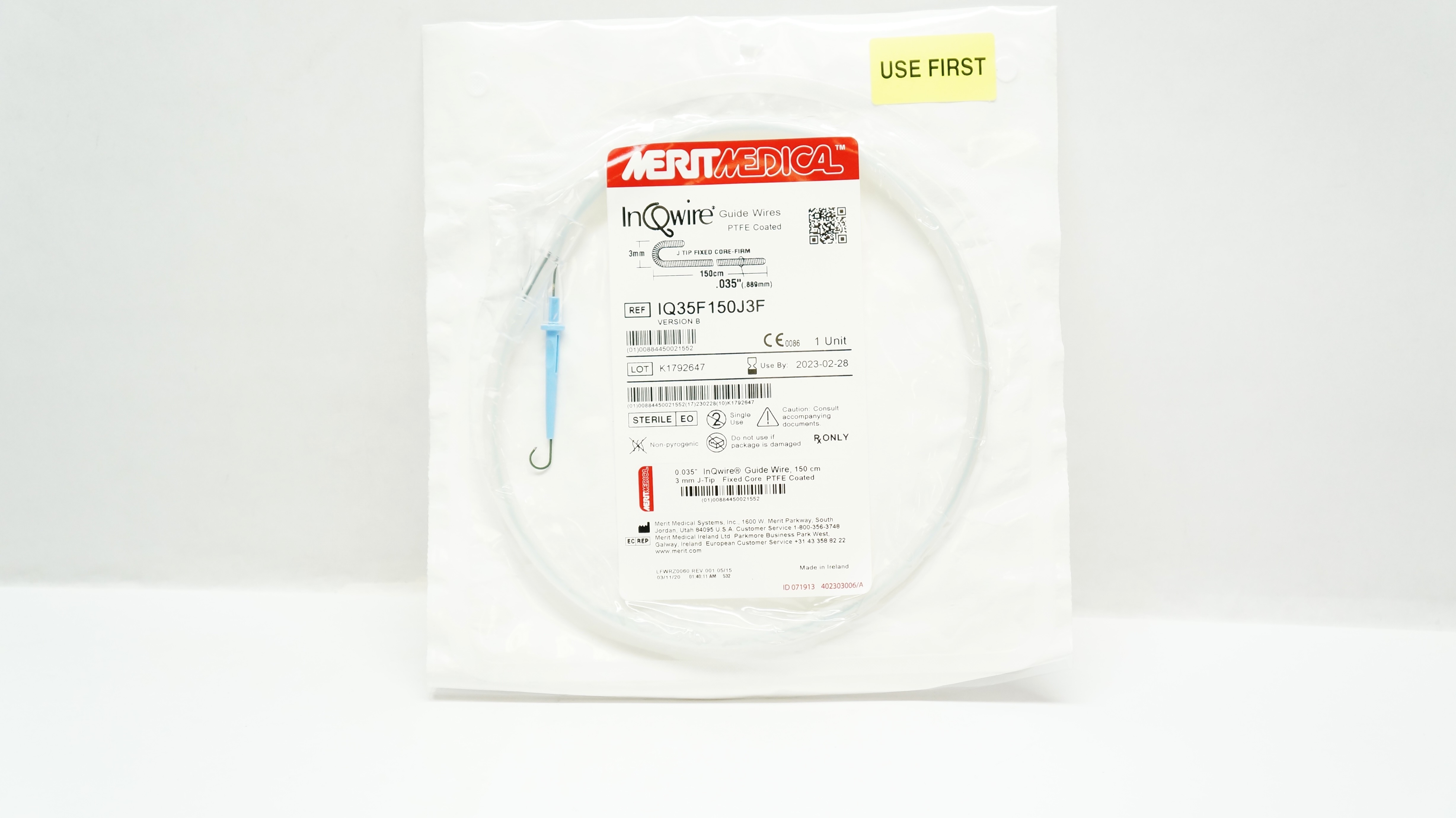 Merit Medical IQ35F150J3F InQwire Guide Wires 150cm x 3mm x .035ich(x)