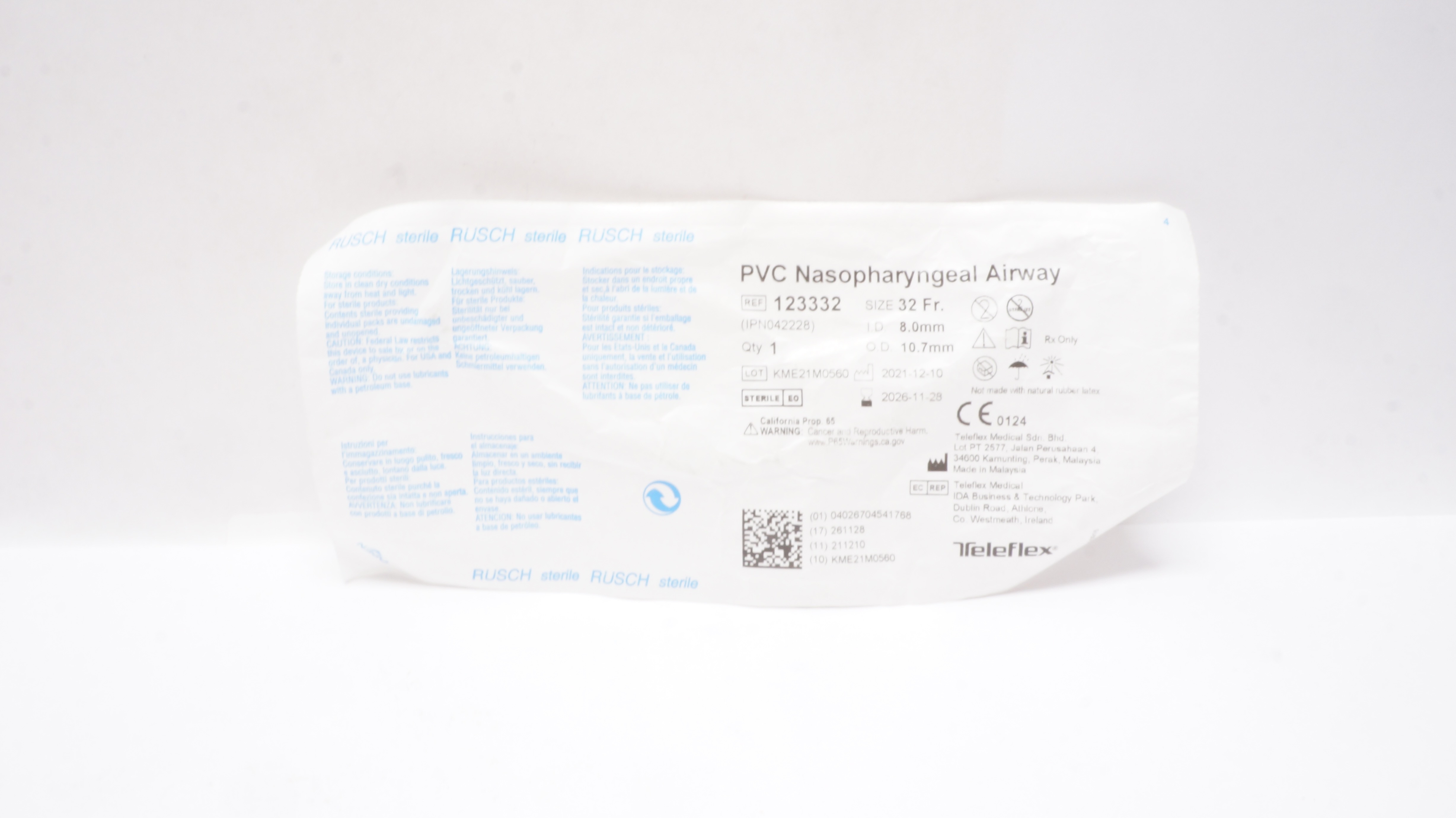 Teleflex 123332 Rusch PVC Nasopharyngeal Airway 32 Fr. 8.0mm I.D. x 10.7mm O.D.