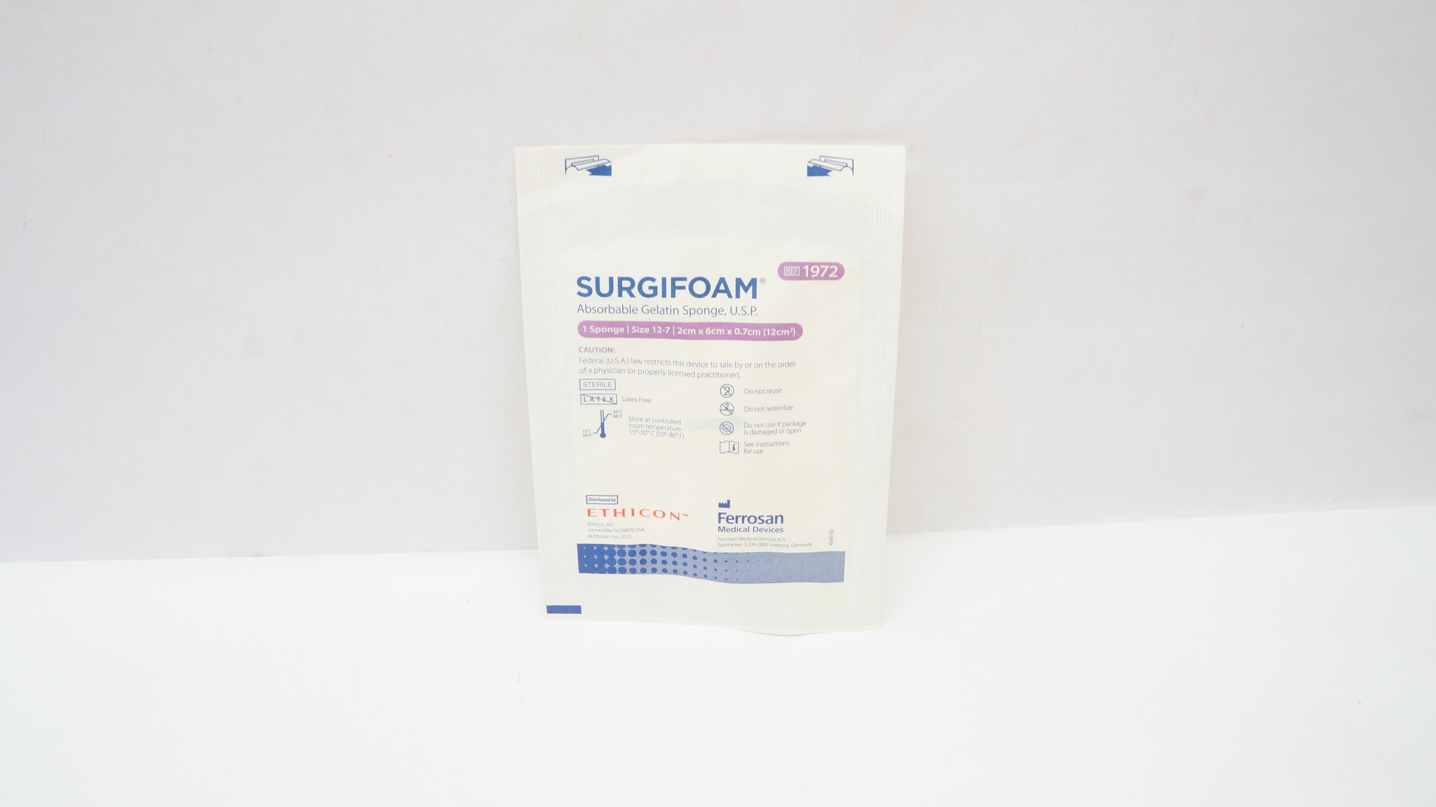 Ethicon 1972 SURGIFOAM Absorbable Gelatin Sponge Size 12-7 2cm x 6cm x 0.7cm
