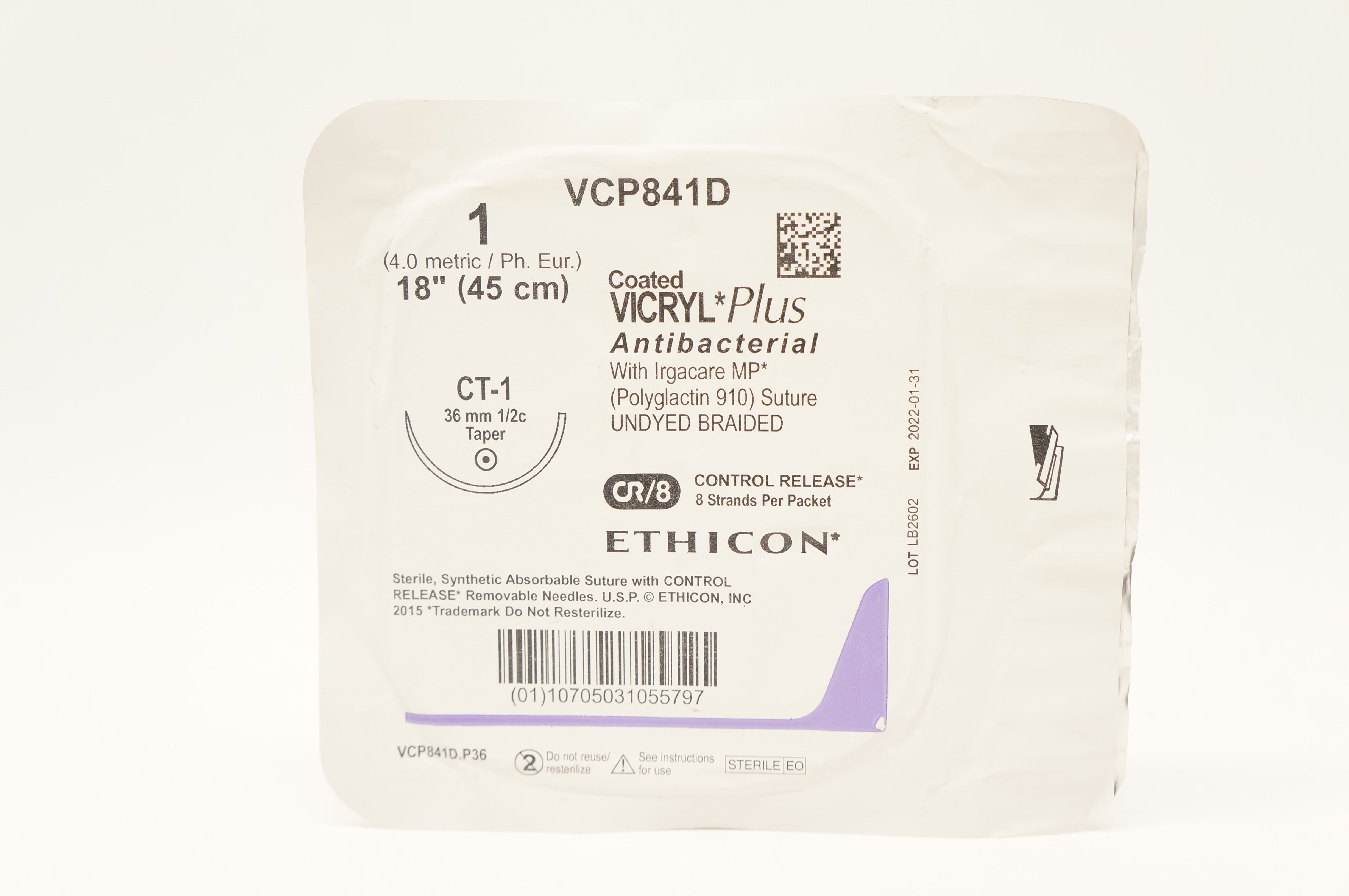 Ethicon VCP841D 1 VICRYL Plus CT-1 36mm 1/2c Taper 18 inch (x)