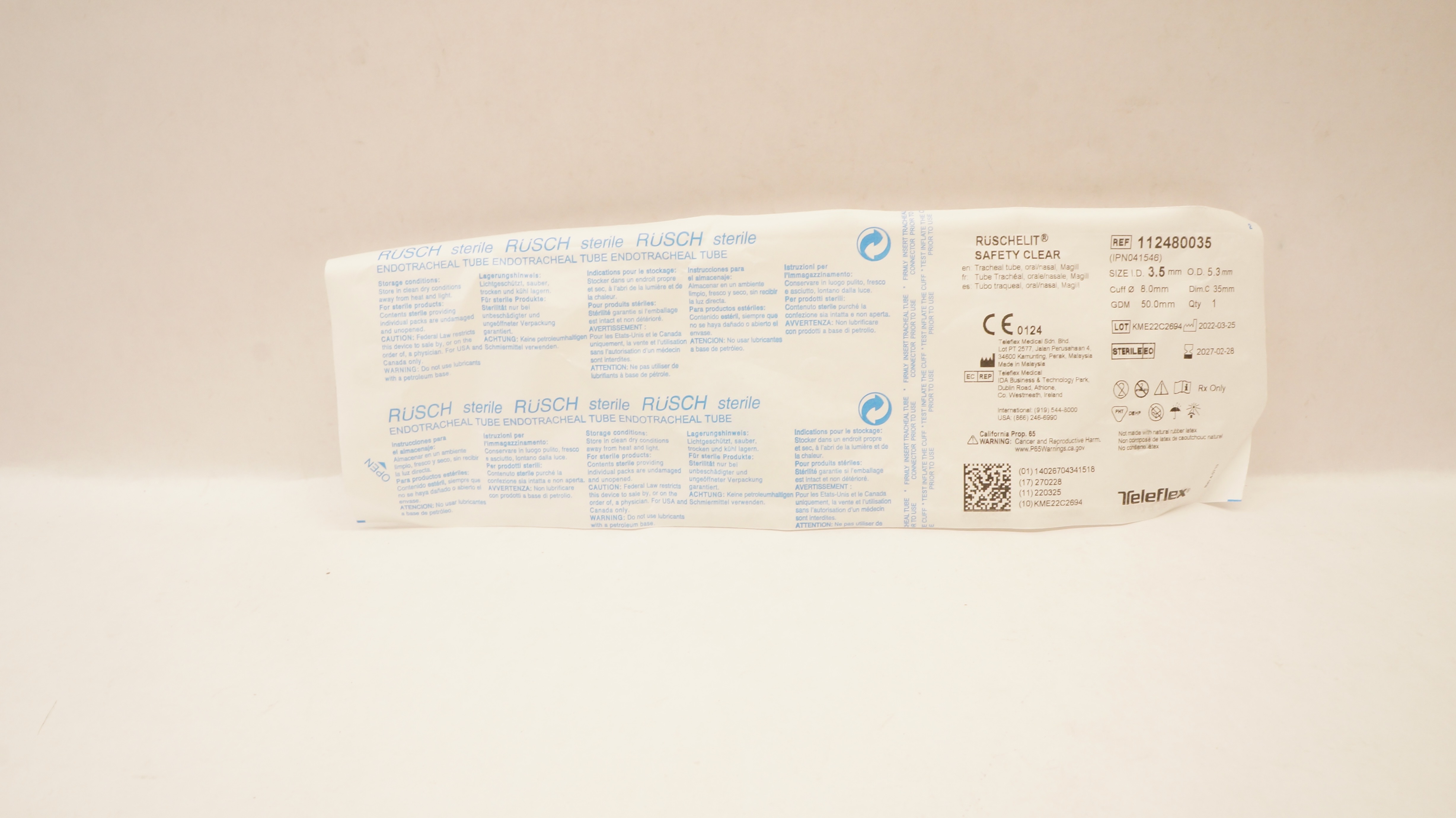 Teleflex 112480035 Ruschelit Safety Clear Tracheal Tube 3.5mm ID x 5.3mm OD