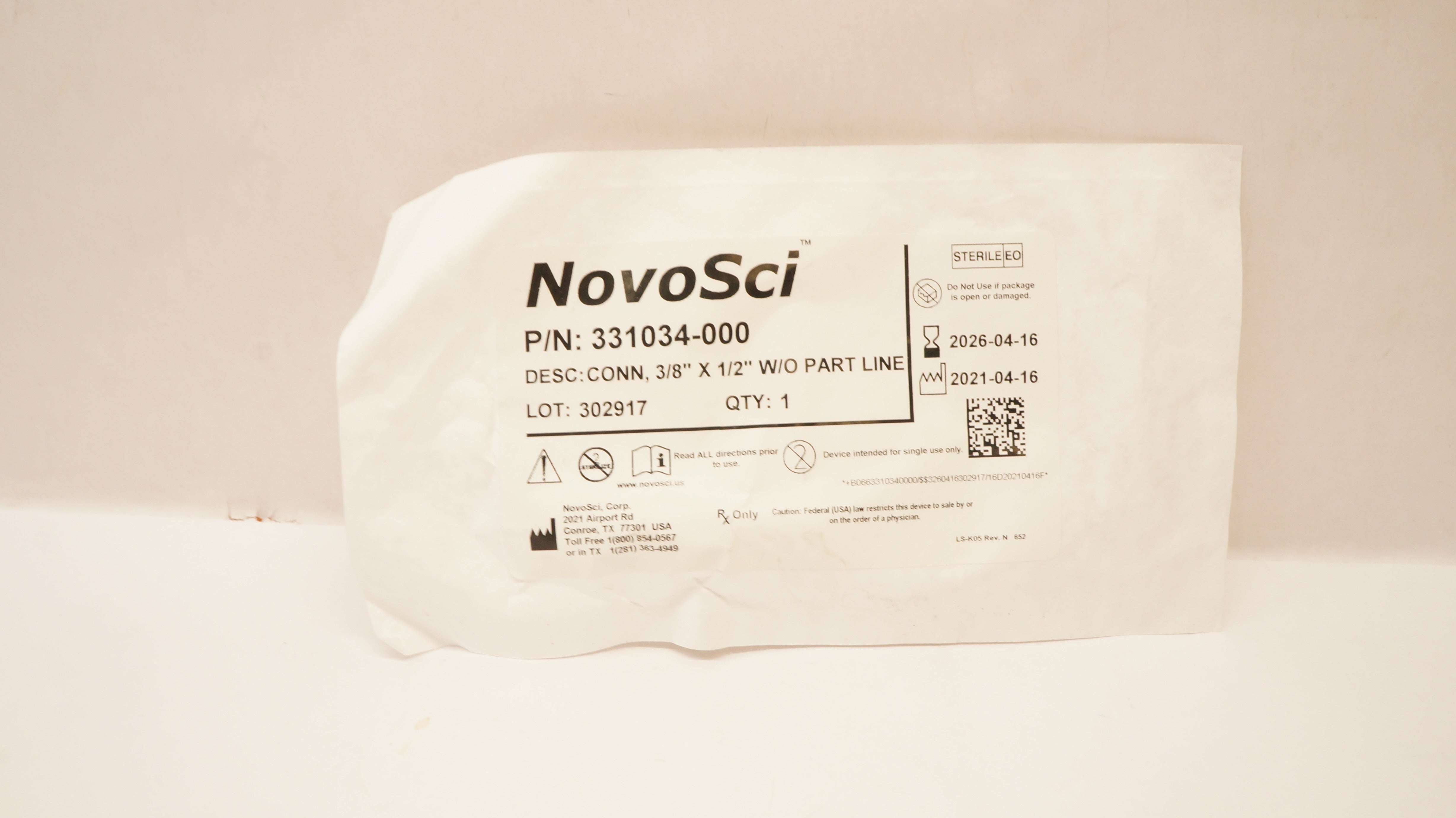 NovoSci 331034-000 Connector, 3/8inch x 1/2inch W/O Part Line