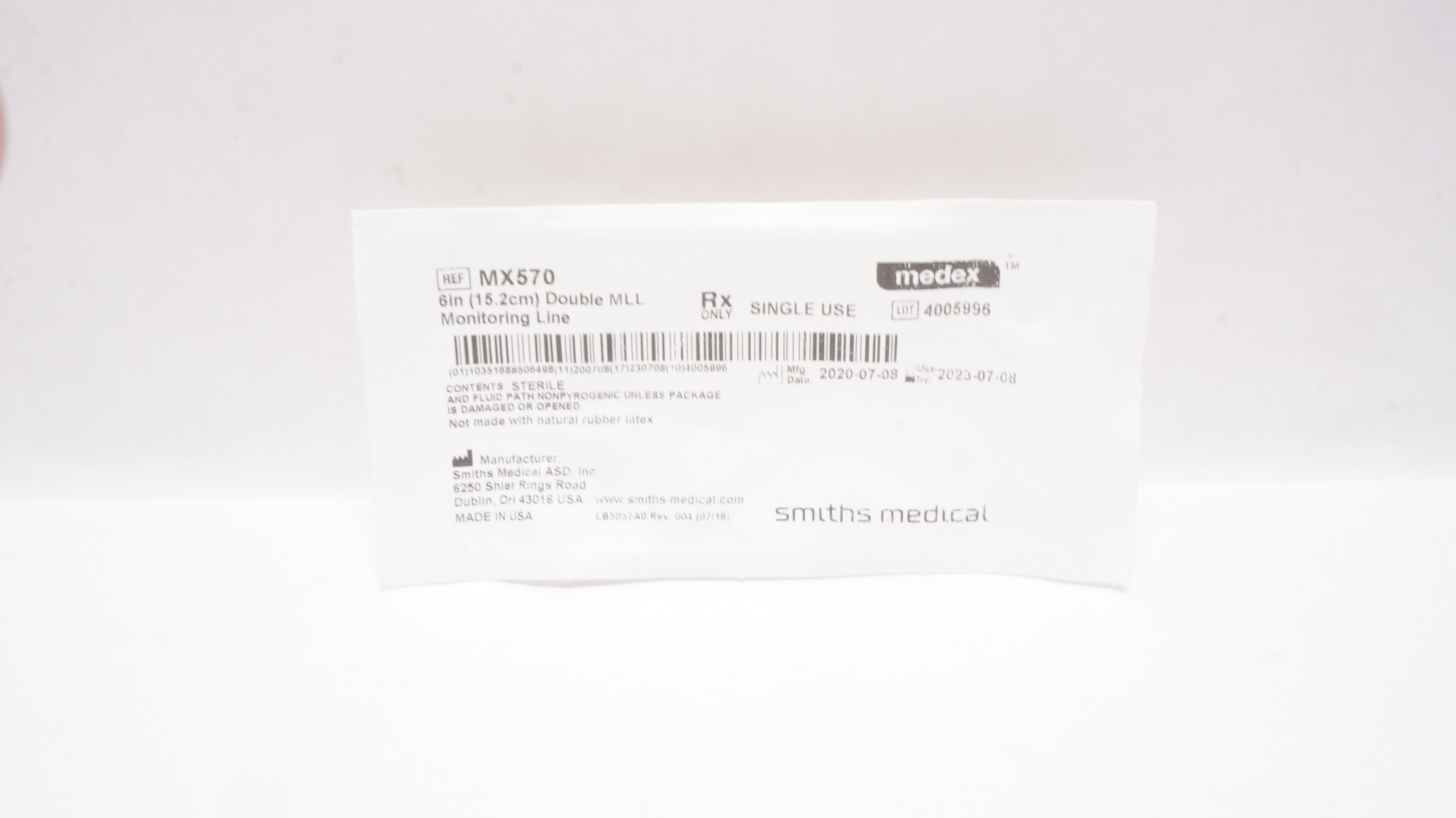 Smiths Medical MX570 Medex 6inch Double MLL Monitoring Line