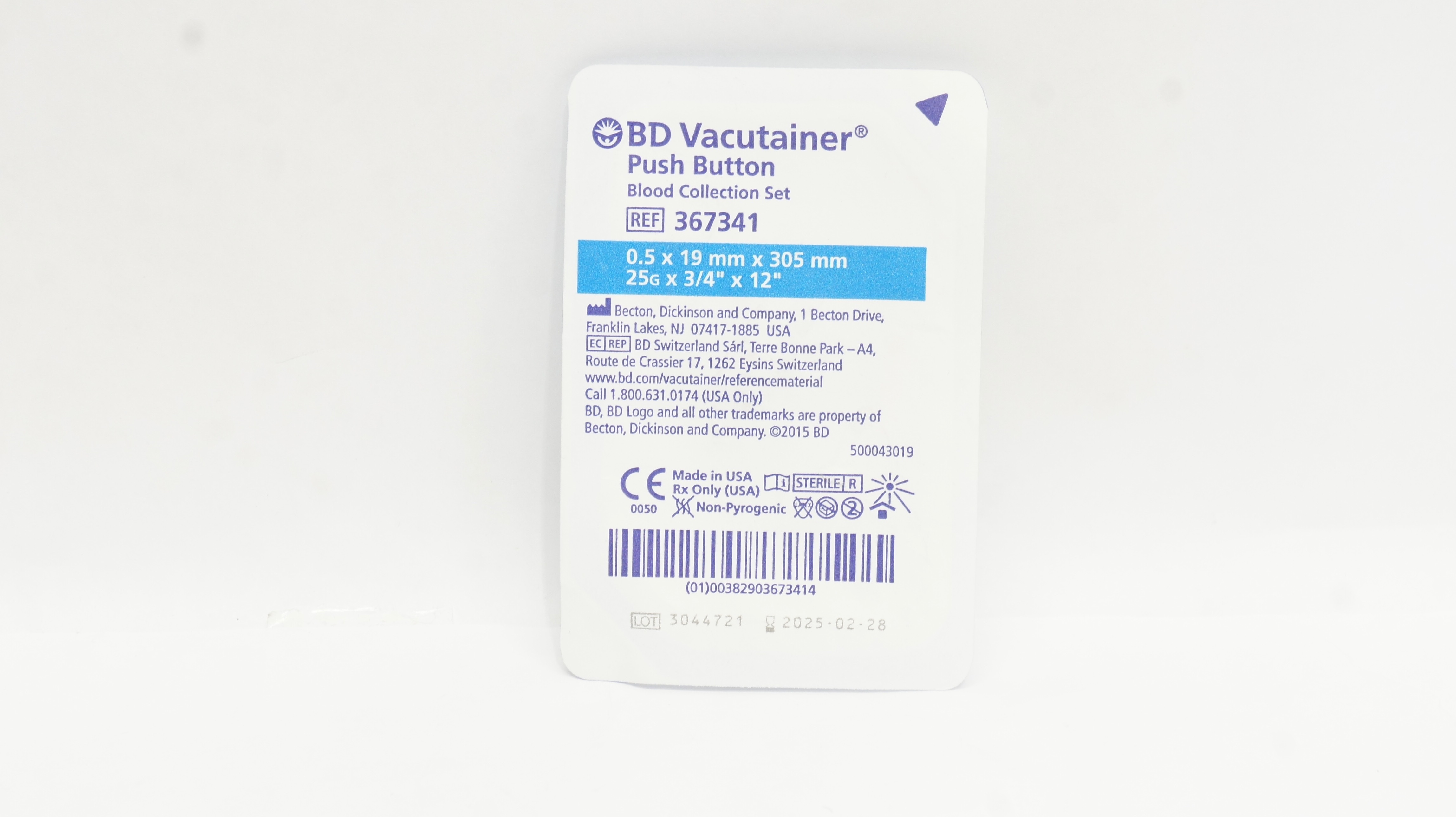 BD 367341 Vacutainer Push Button Blood Collection Set 25G x 3/4inch x 12inch
