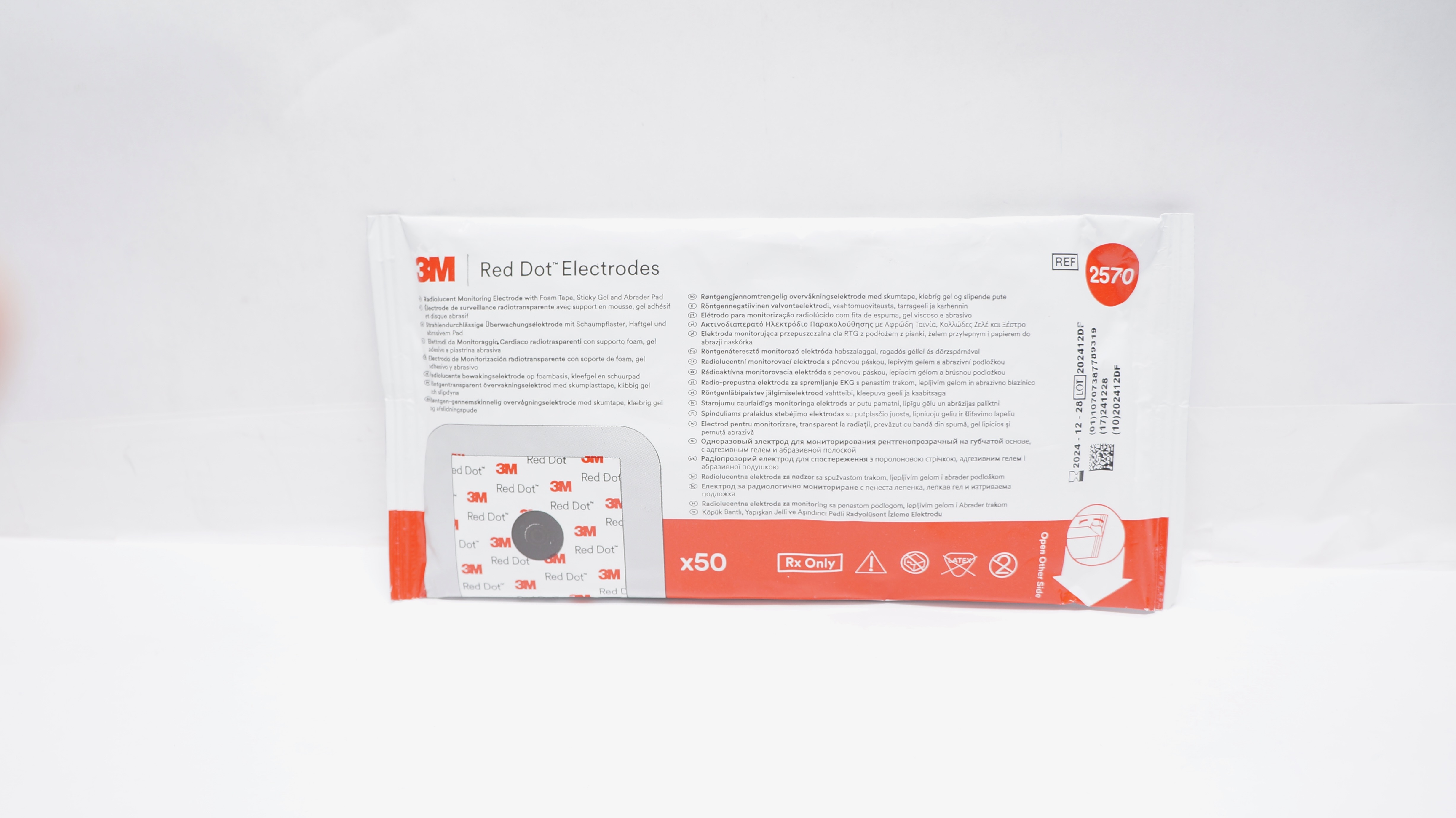 3M 2570 Red Dot Radiolucent Monitoring Electrode w/Foam Tape - Bag of 50