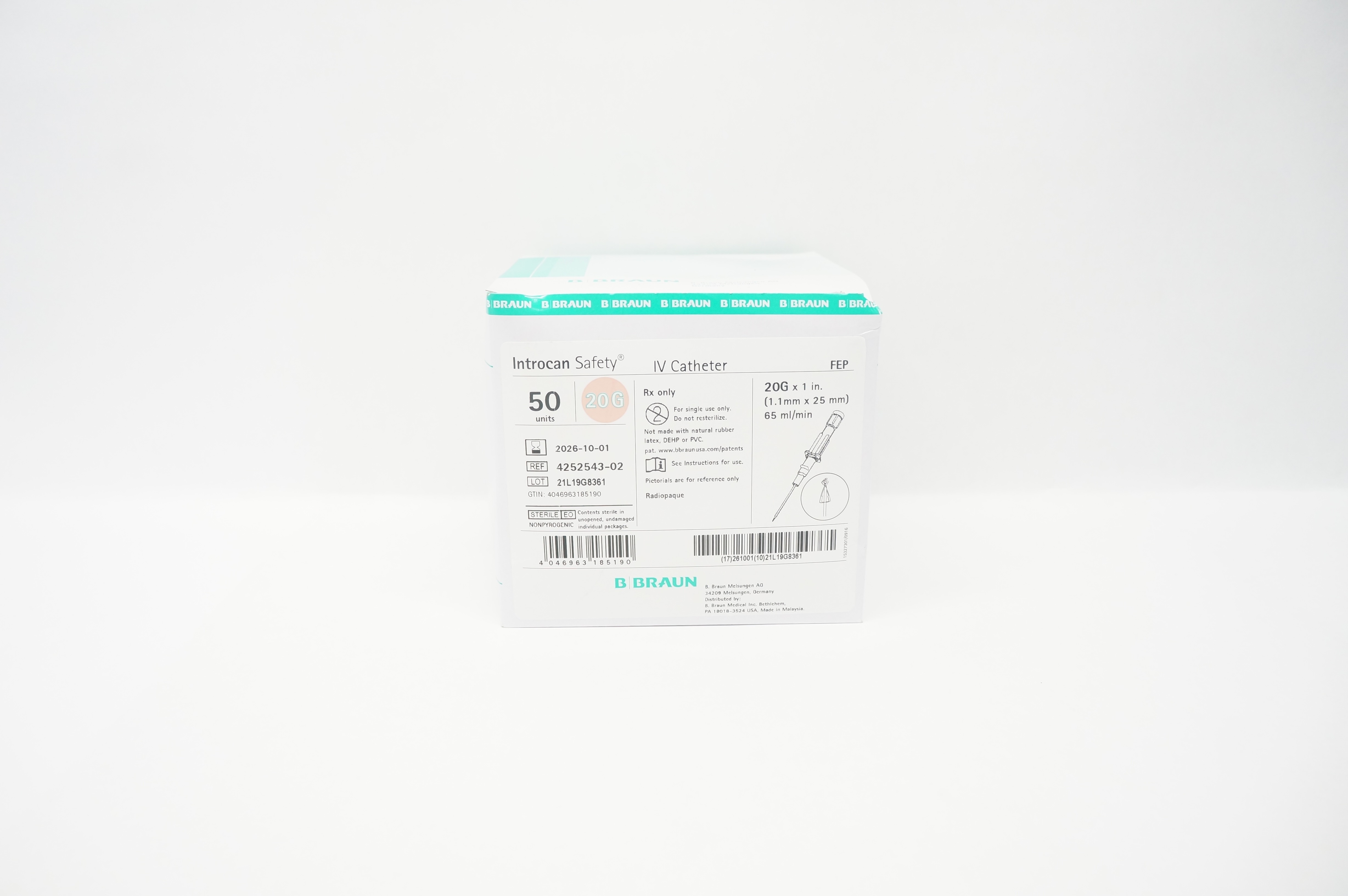 Braun 4252543-02 Introcan Safety IV Cath. 20G x 1inch, 65ml - Box of 50