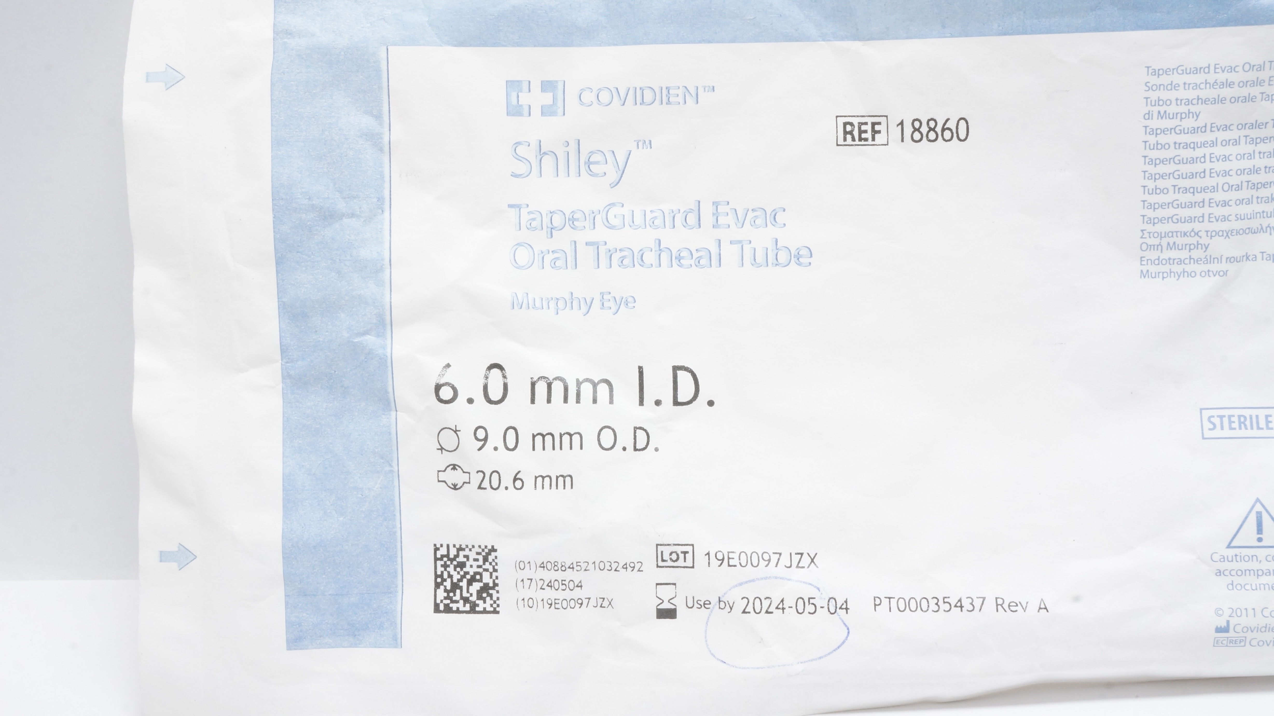 Covidien 18860 Shiley TaperGuard Evac Oral Tracheal Tube 6.0IDx9.0ODx20.6mm (x)