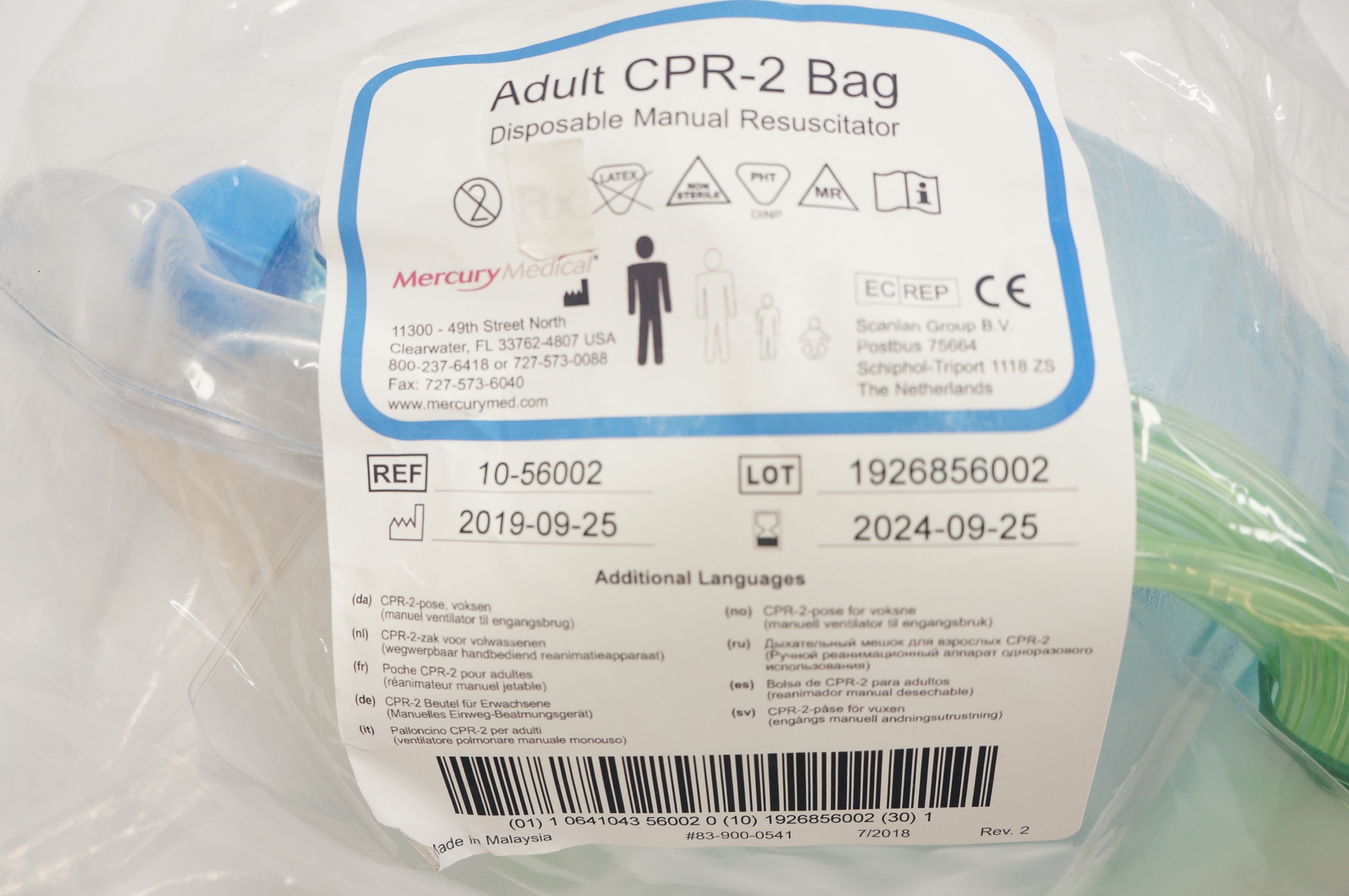 Mercury 10-56002 Adult CPR-2 Bag Disposable Manual Resuscitator