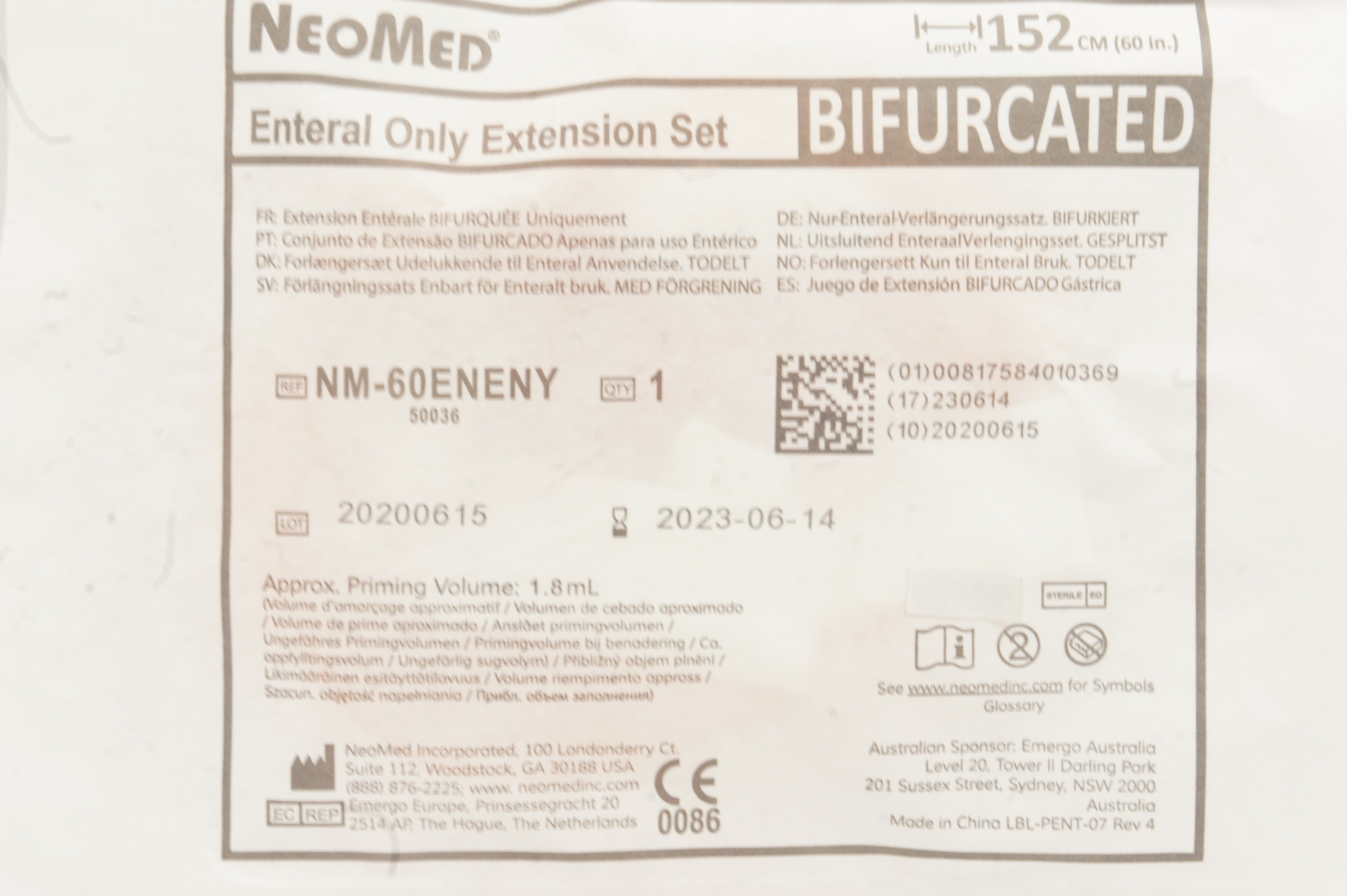 NeoMed NM-60ENEN Enteral Only Extension Set 60inch Priming Volume 1.8mL