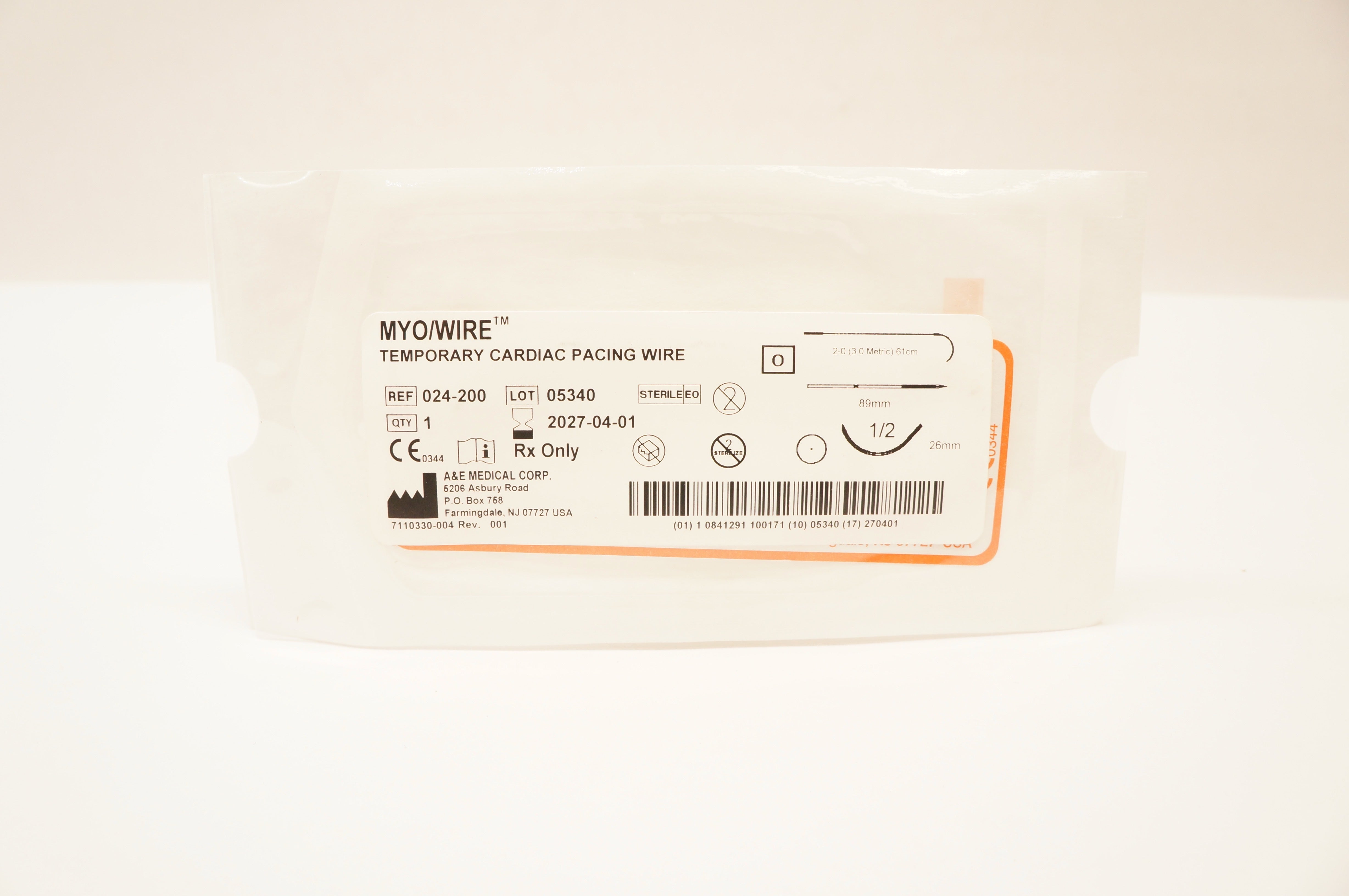 A&E Medical 024-200 2-0 MYO/Wire Temporary Cardiac Pacing Wire 89mm, 1/2 26mm