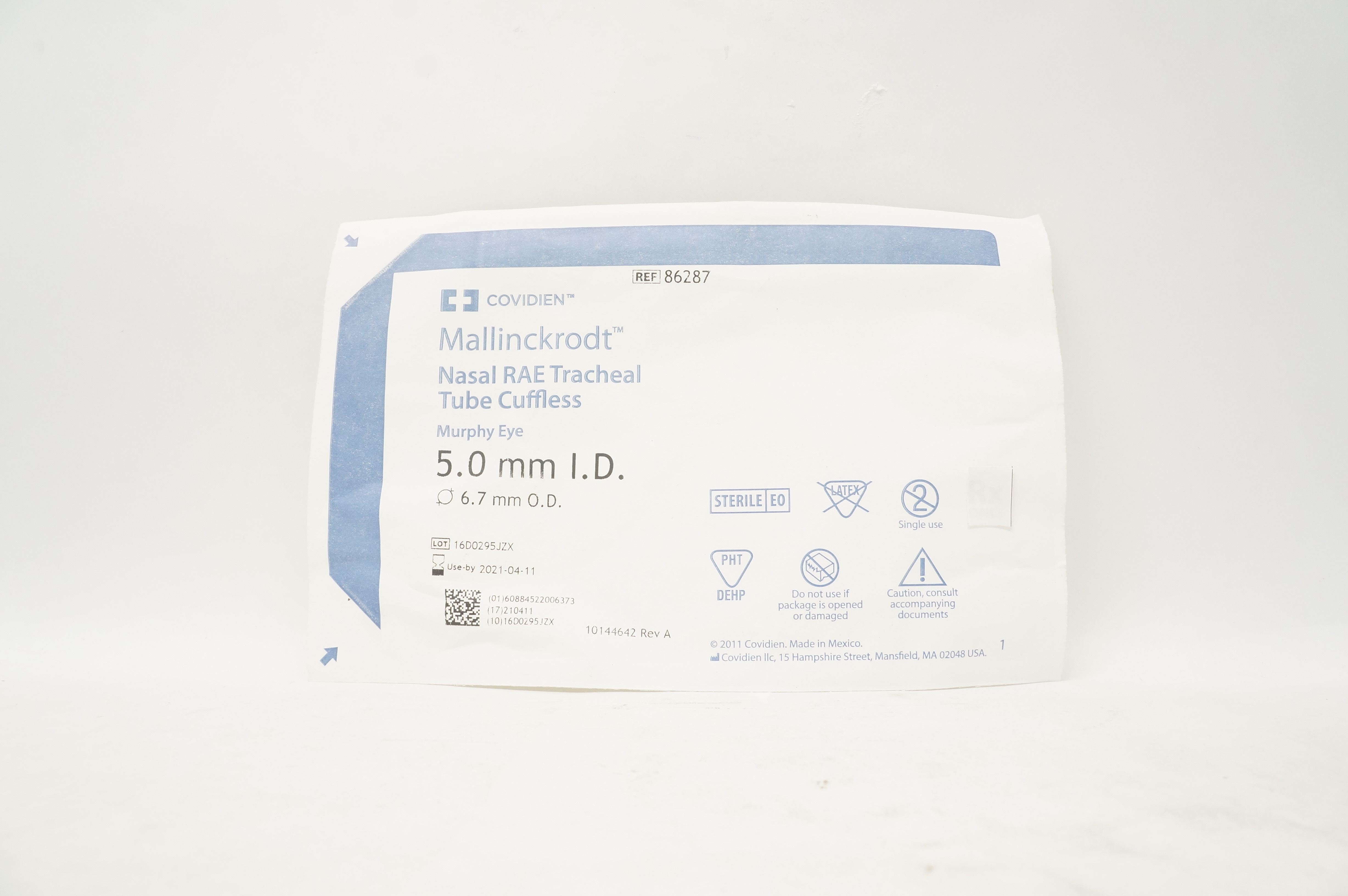 Covidien 86287 Mallinckrodt Nasal RAE Tracheal Tube Cuffless 5.0mm  x 6.7mm (x)