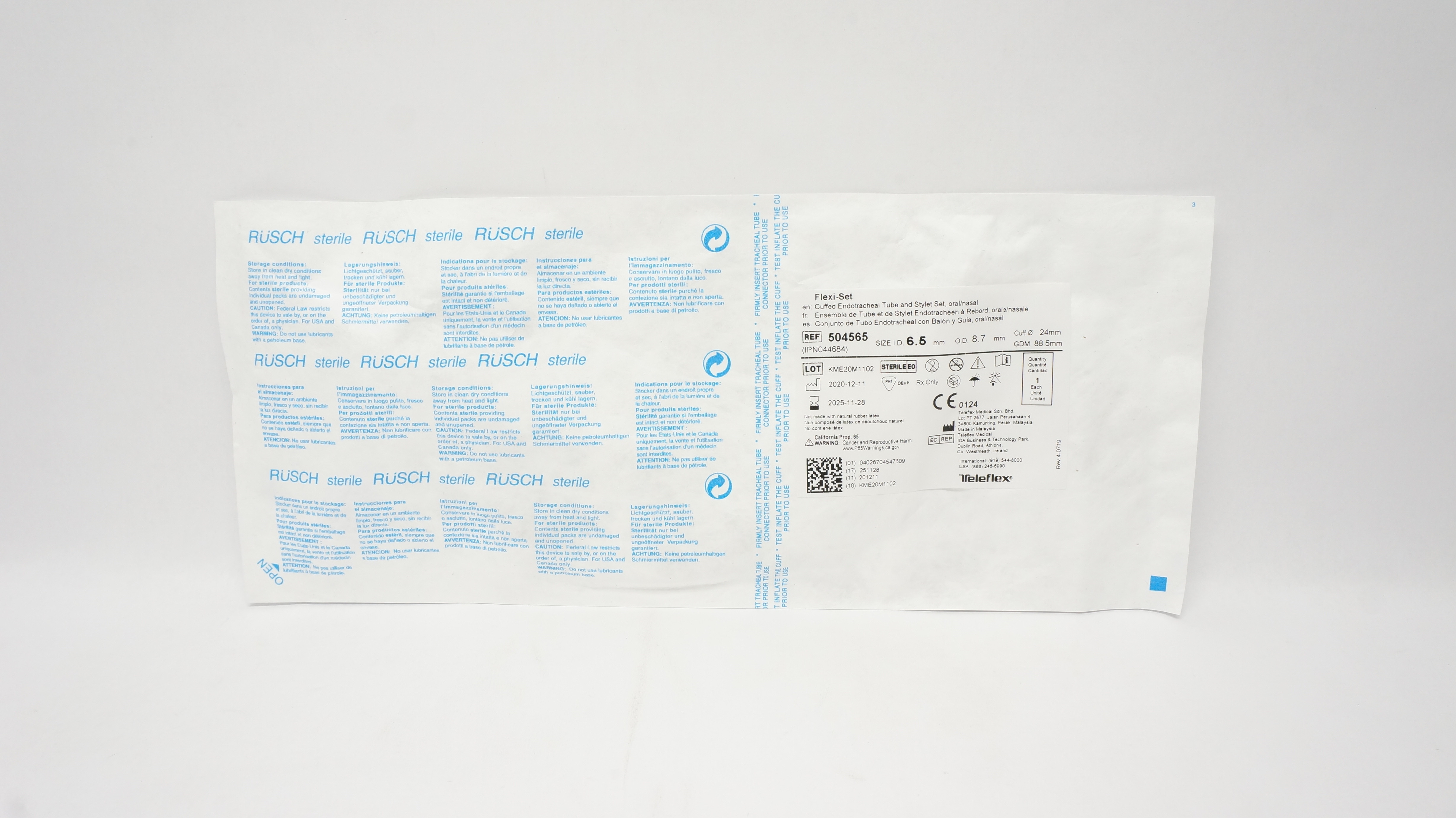 Teleflex 504565 Cuffed Endotracheal Tube and Stylet Set 6.5mmID x 8.7mmOD x 24mm