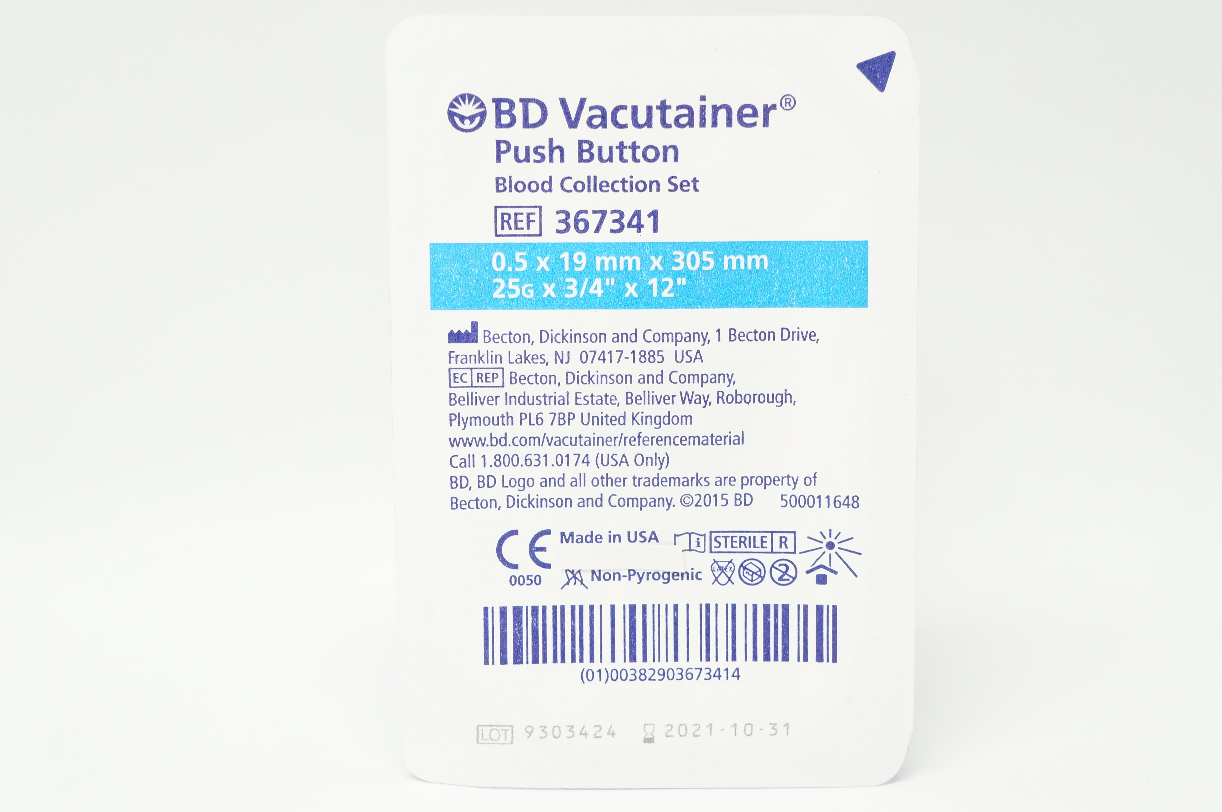 BD 367341 Vacutainer Push Button Blood Collection Set 25G x 3/4inch x 12inch (x)