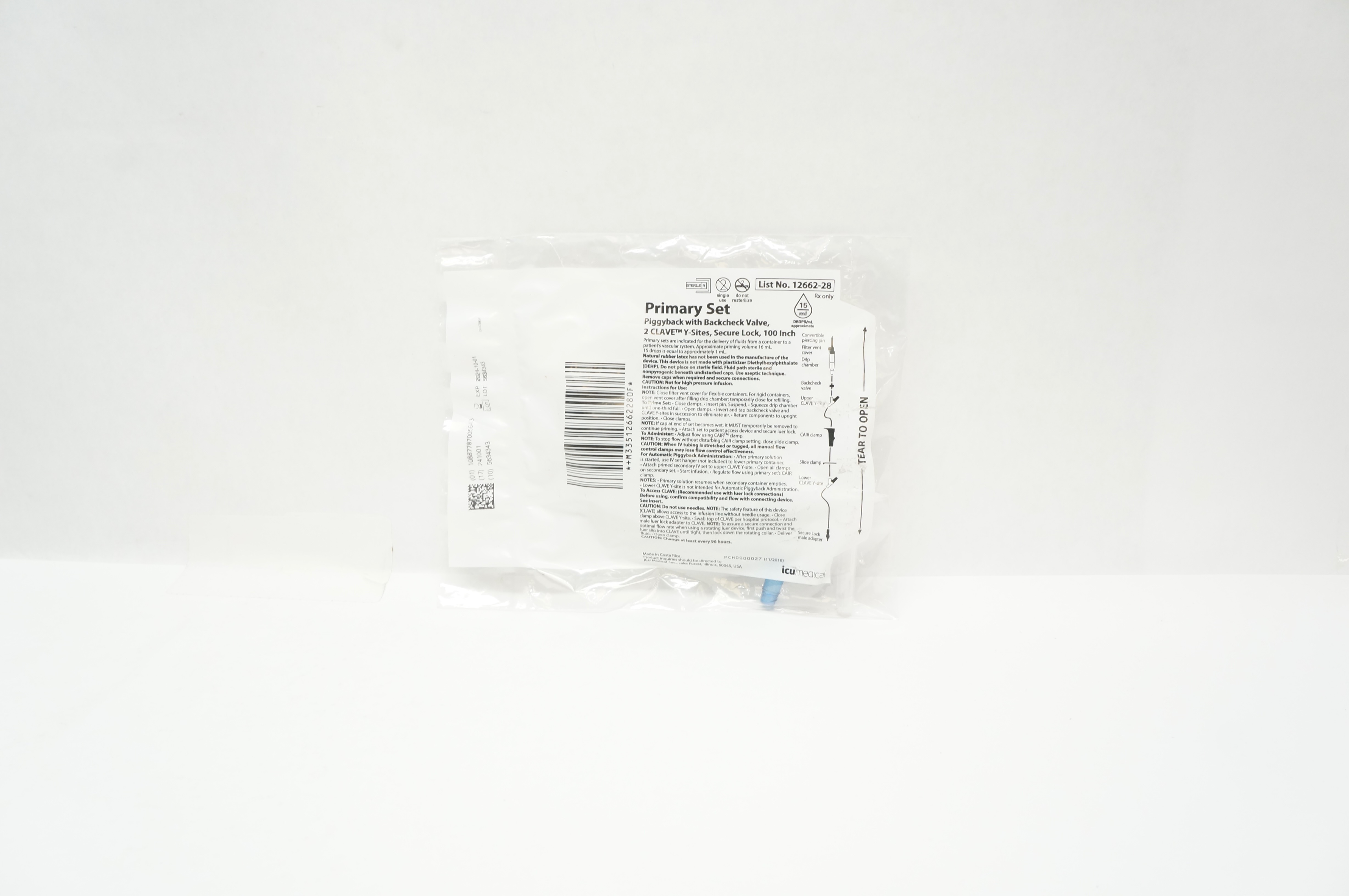 IcuMedical 12662-28 Primary Set Piggyback 2 Clave Y-Sites Secure Lock, 100 Inch