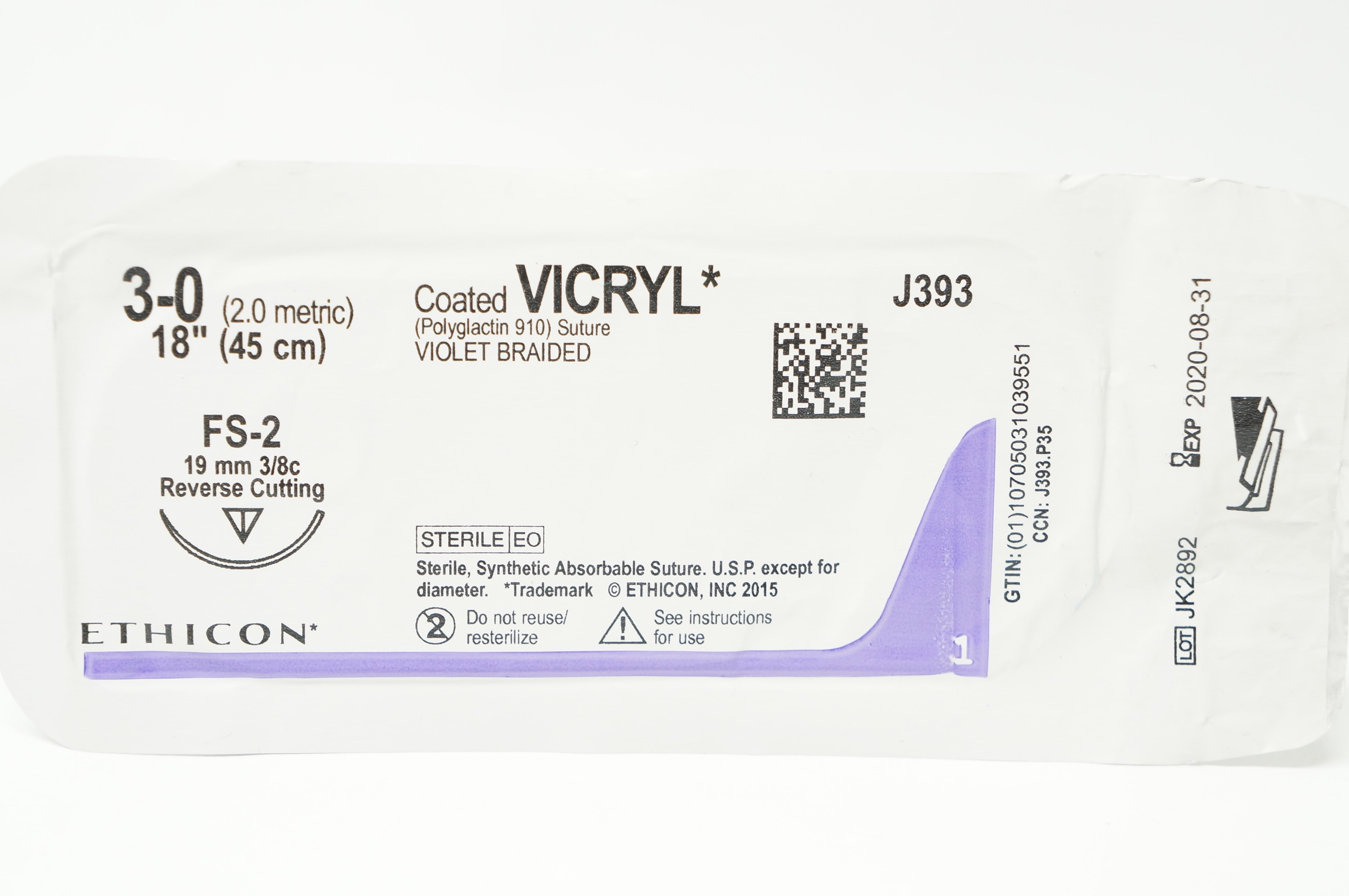 Ethicon J393 3-0 Coated VICRYL Stre, FS-2 19mm 3/8c Reverse Cutting, 18inch (x)