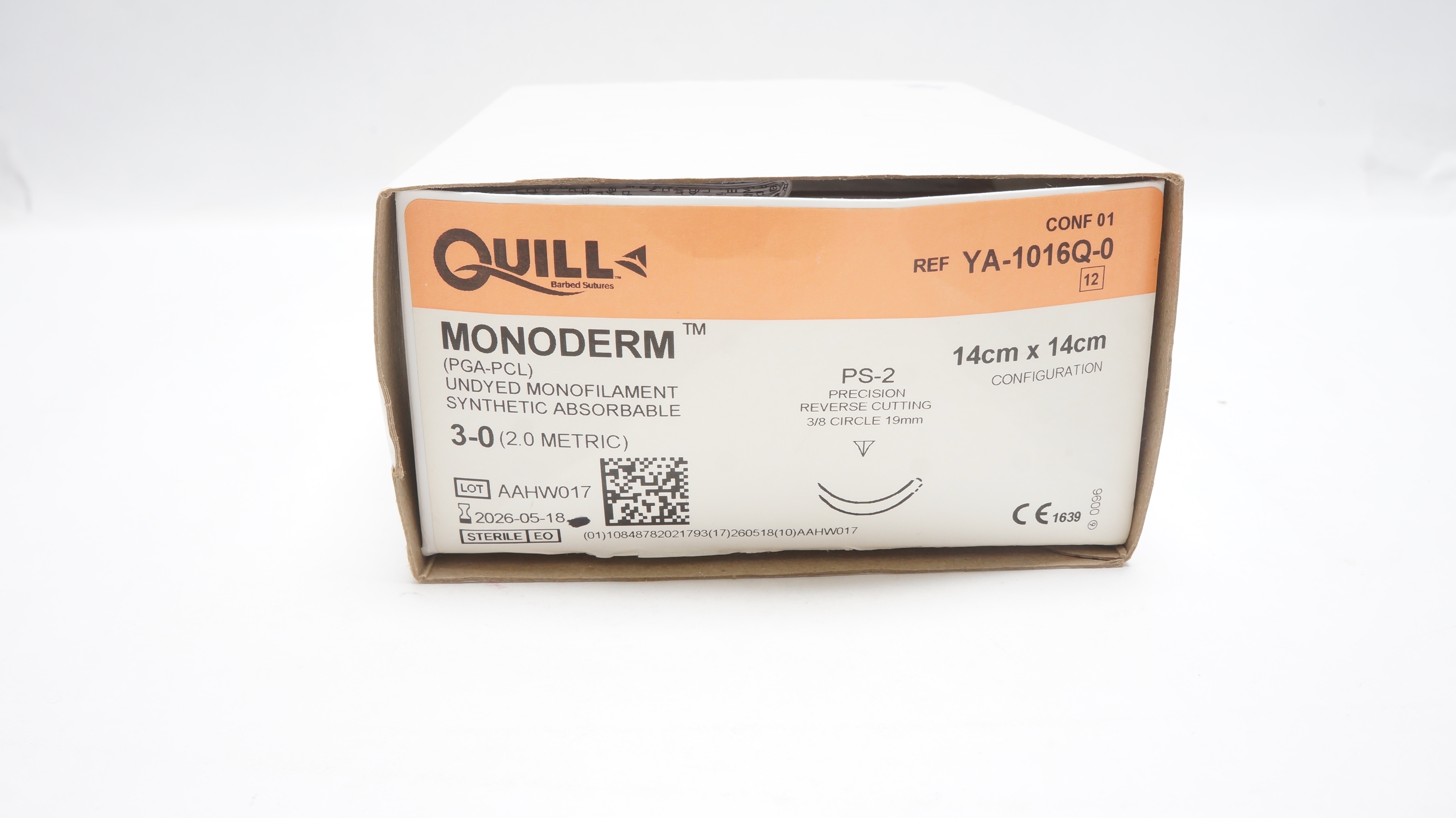 Quill YA-1016Q-0 3-0 Monoderm PS-2 Precision Reverse Cutting 3/8c 19mm-Box of 10