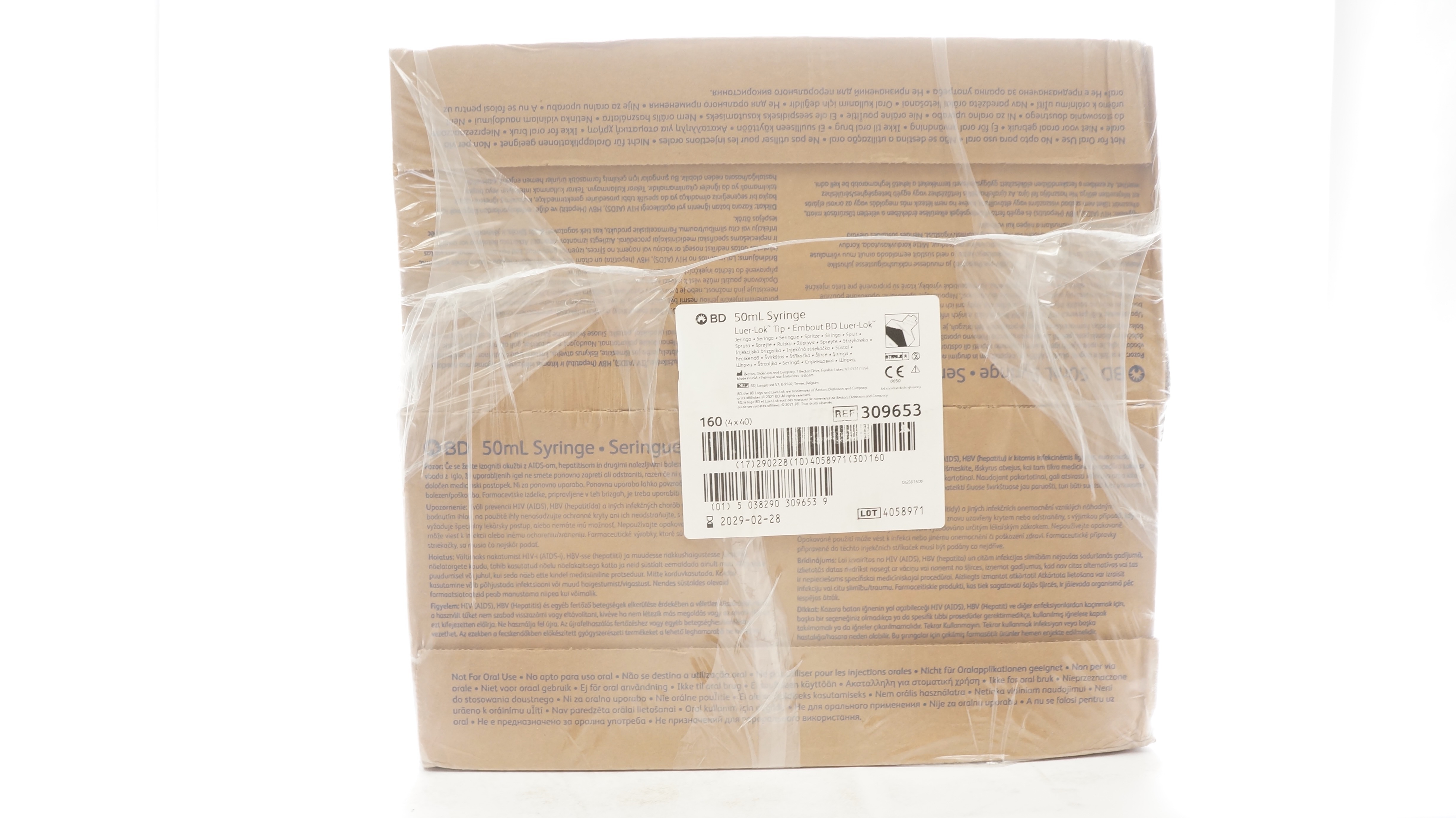 BD 309653 Syringe Luer-Lok Tip 60mL - Box of 160