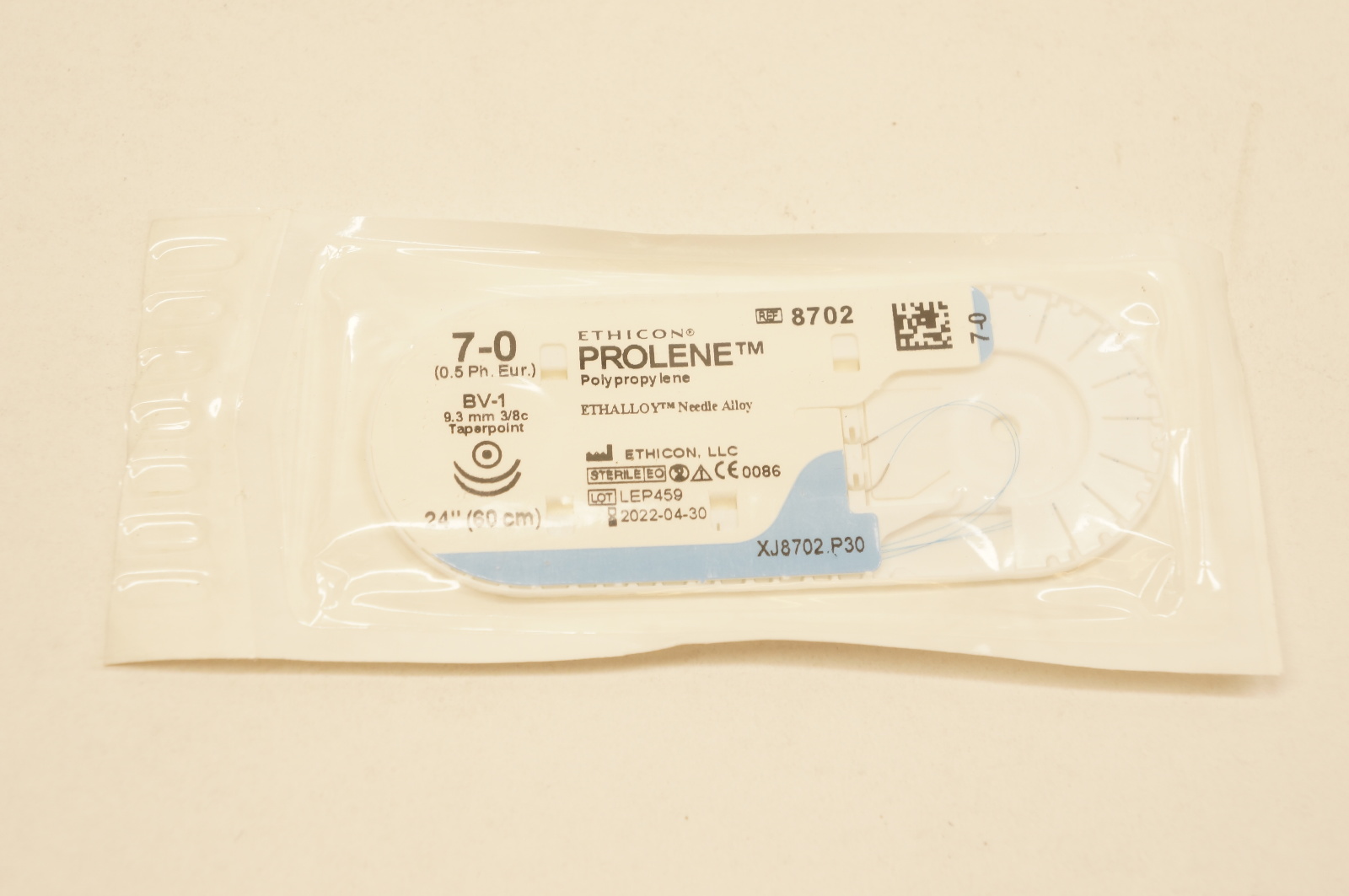 Ethicon 8702 7-0 PROLENE, BV-1, 9.3mm 3/8c Taperpoint, 24inch