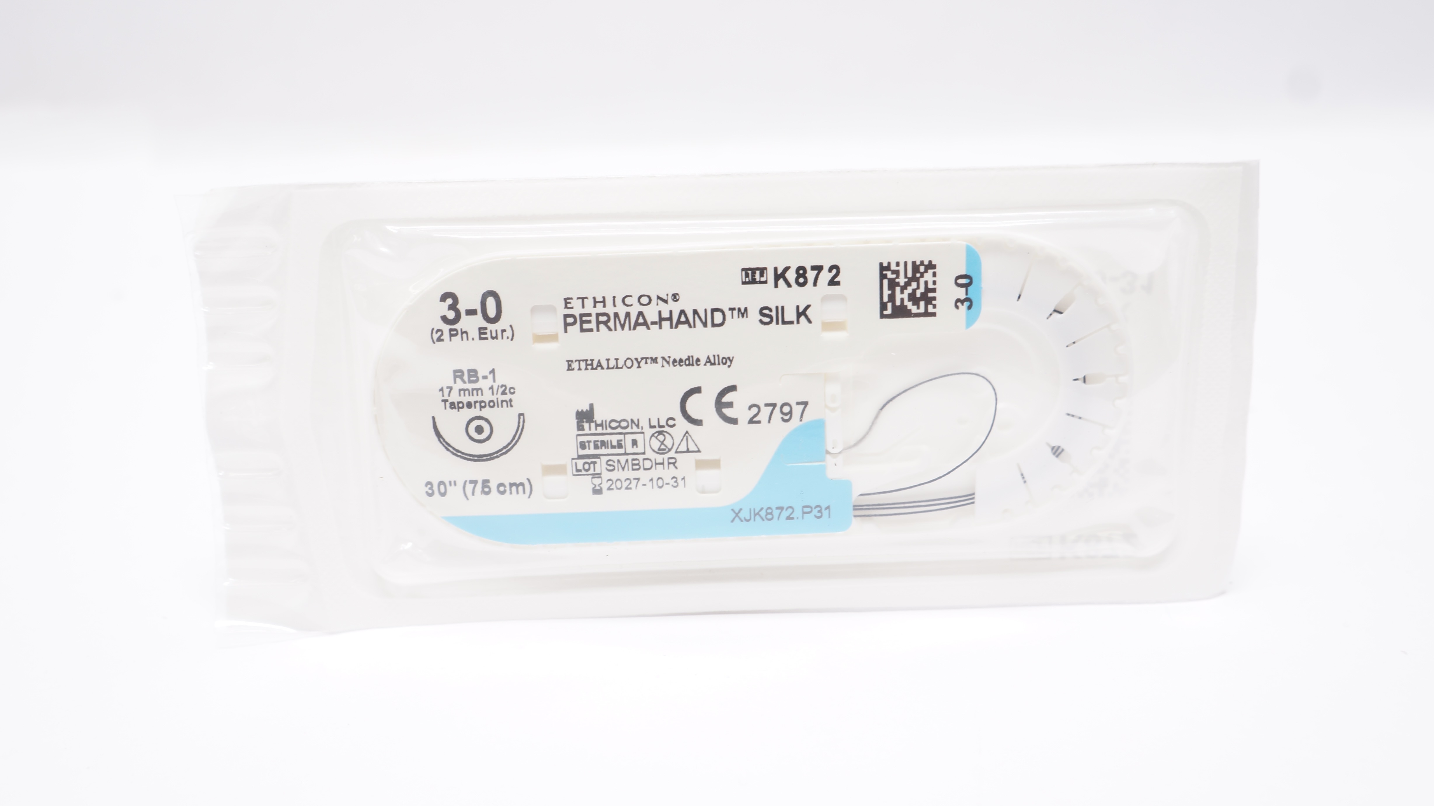 Ethicon K872 3-0 Perma-Hand Silk Stre RB-1 17mm 1/2c Taperpoint 30inch