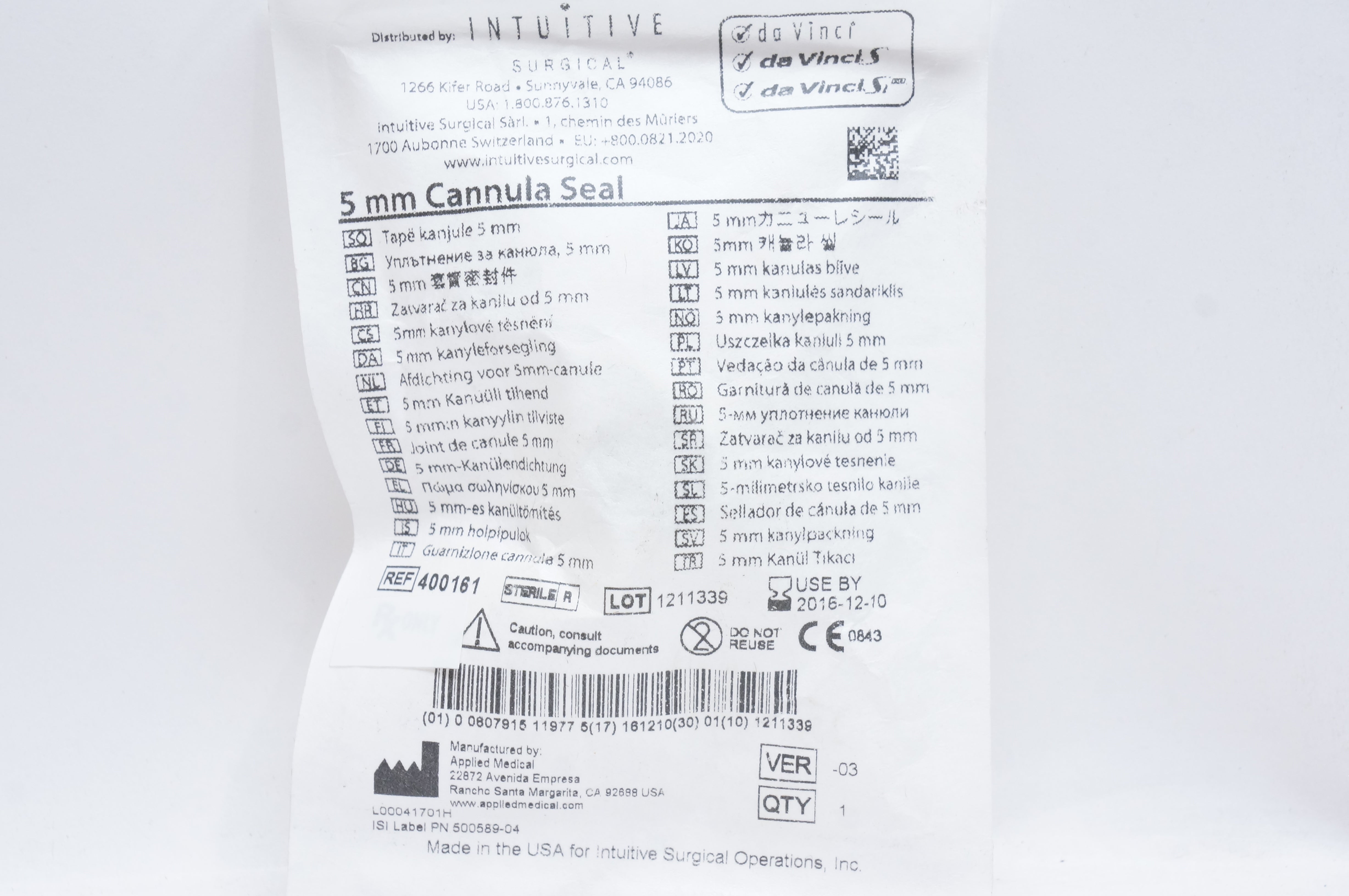 Intuitive 400161 Cannula Seal 5mm (x)