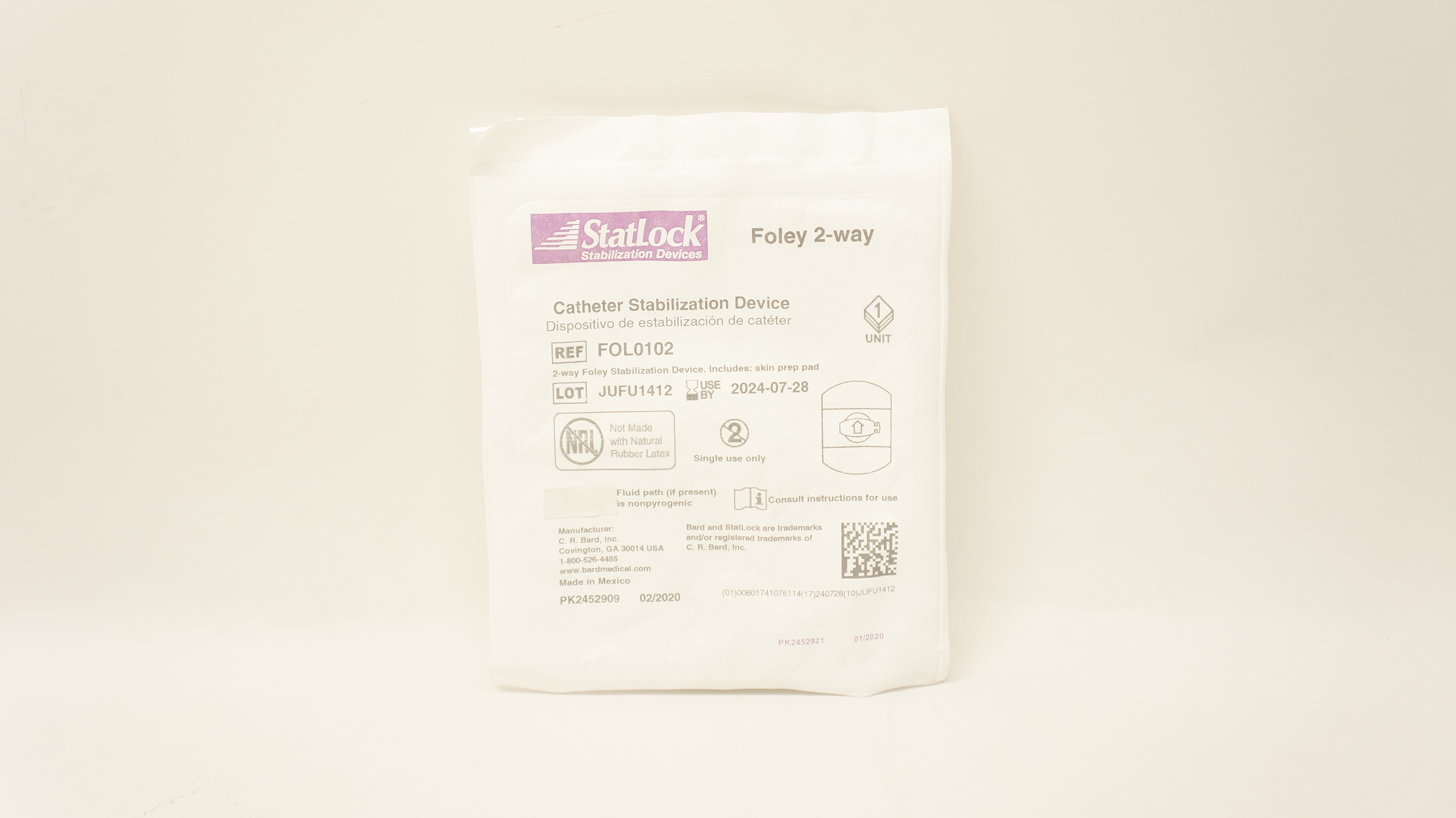 Bard FOL0102 Statlock Cath. Stabilization Device, Foley 2-Way