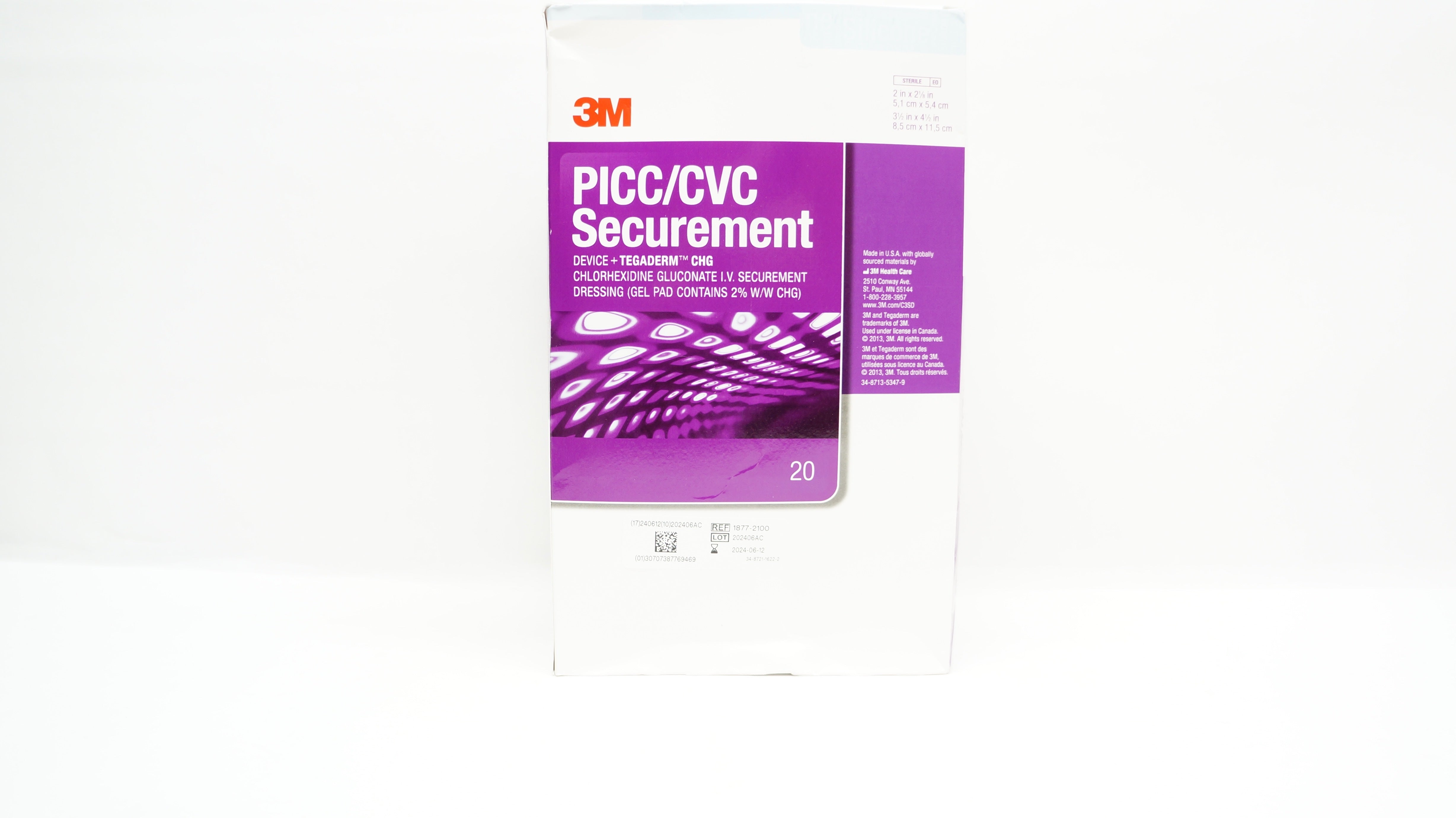 3M 1877-2100 PICC/CVC Securement Device CHG Dressing 2 x 2-1/8inch - Box of 20