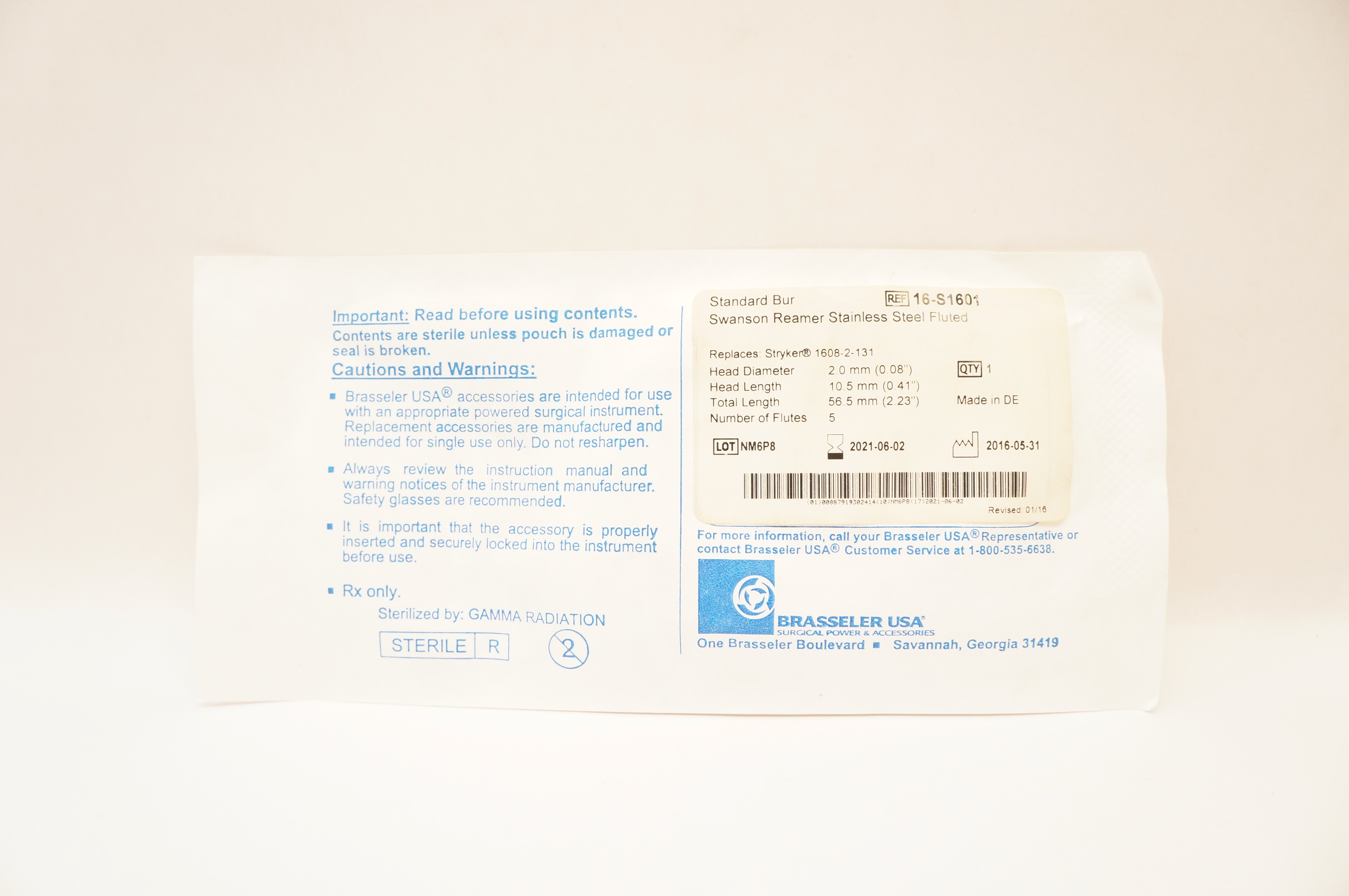 Brasseler 16-S1601 Standard Bur Swanson Reamer SS Fluted 0.08 x 0.41 x 2.23in(x)