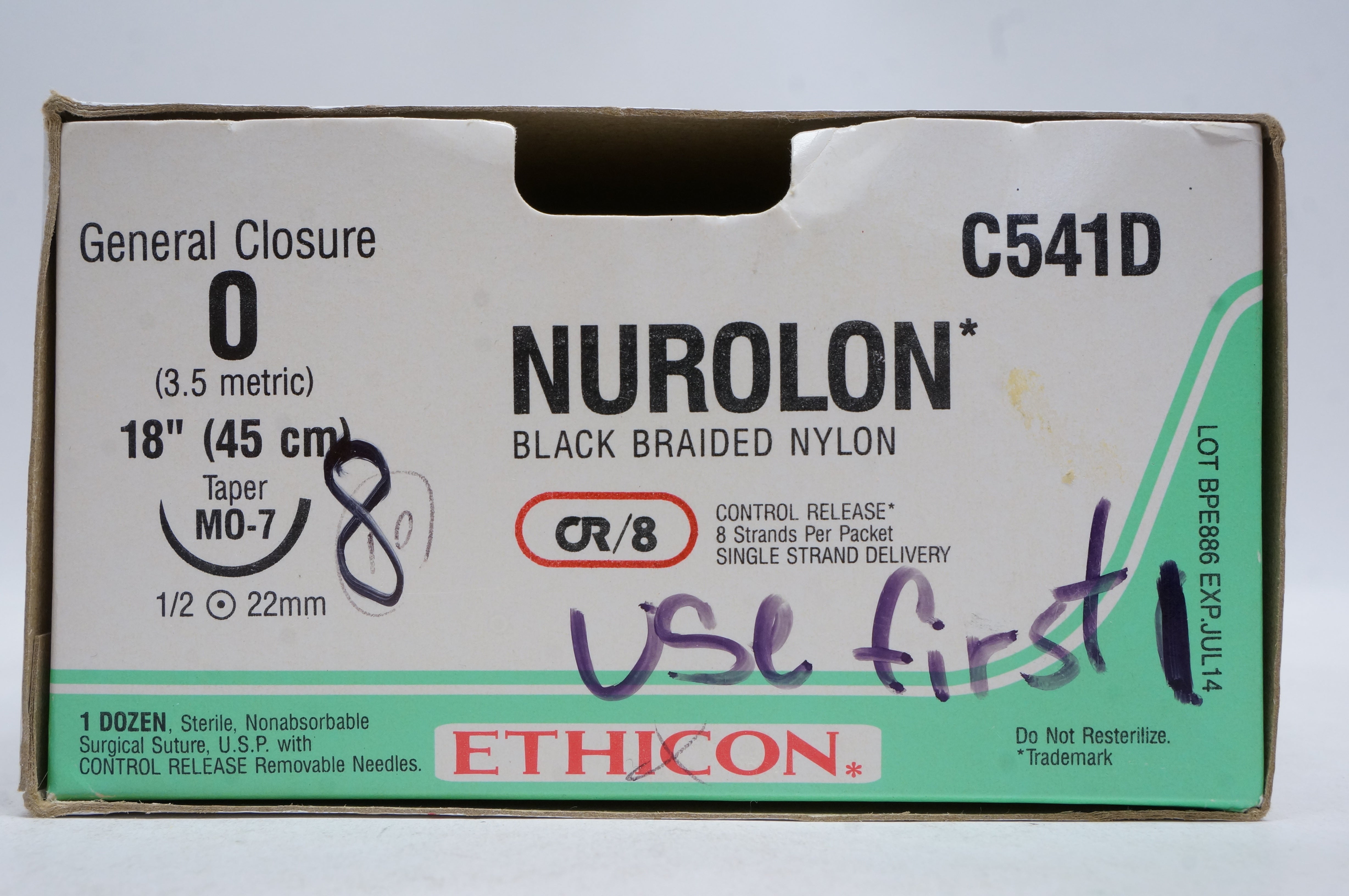 Ethicon C541D 0 NUROLON, MO-7 Taper, 1/2 22mm, 18inch (x) - Box of 12