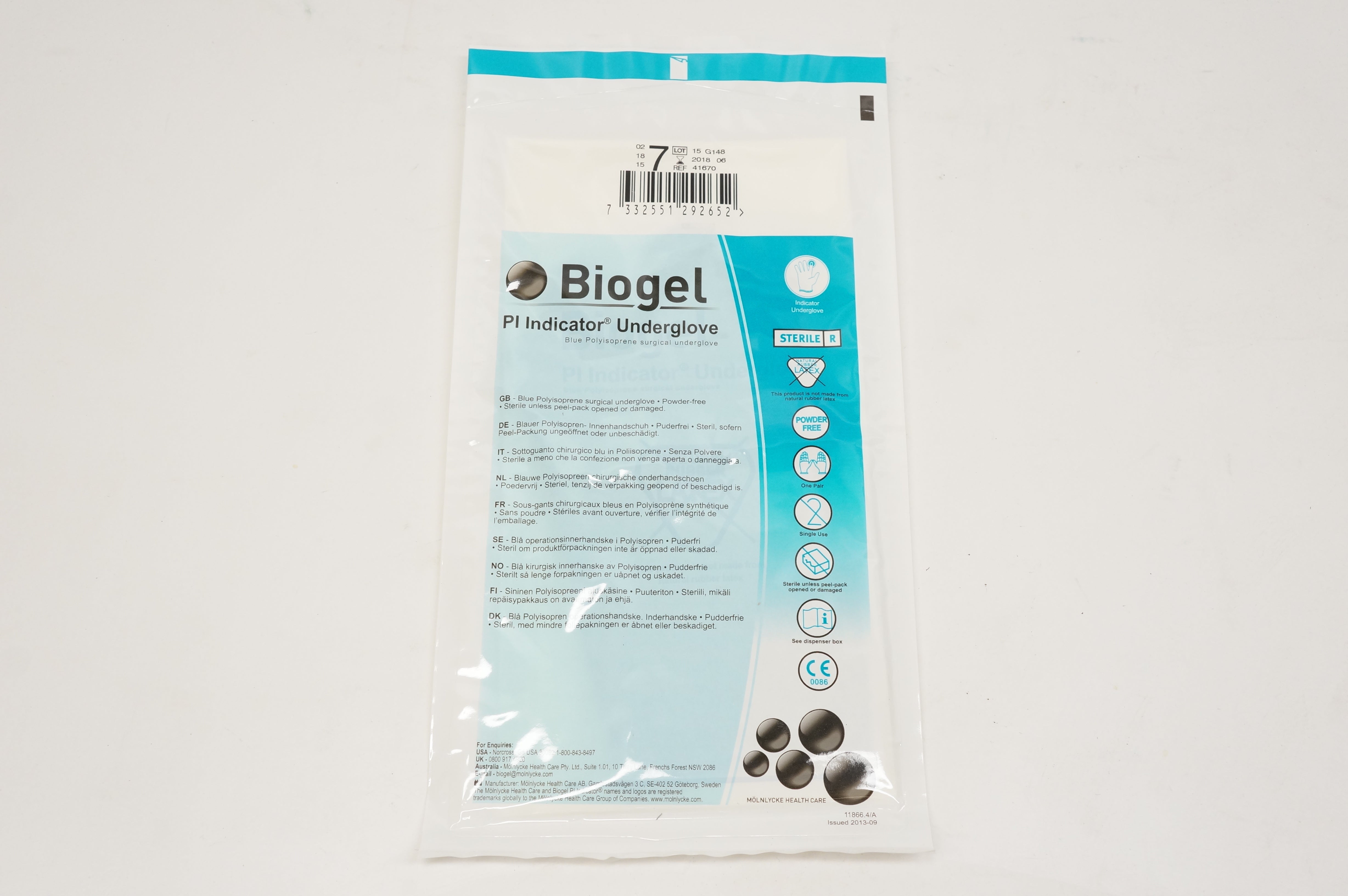 Molnlycke Health Care 41670 Biogel Pl Indicator Underglove, 7 (x)