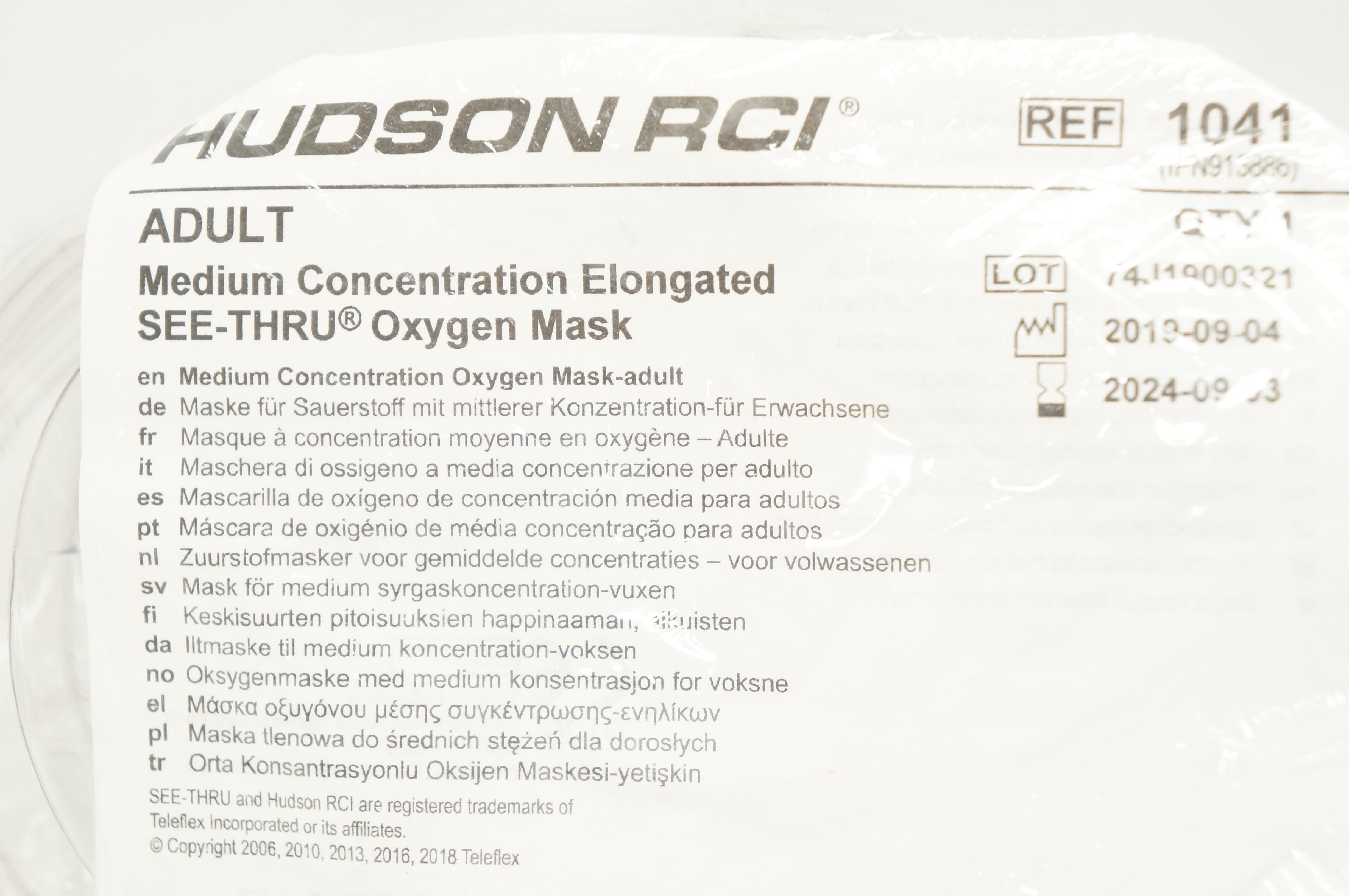Teleflex 1041 Hudson RCI Adult Medium Concentration Elongated Oxygen Mask