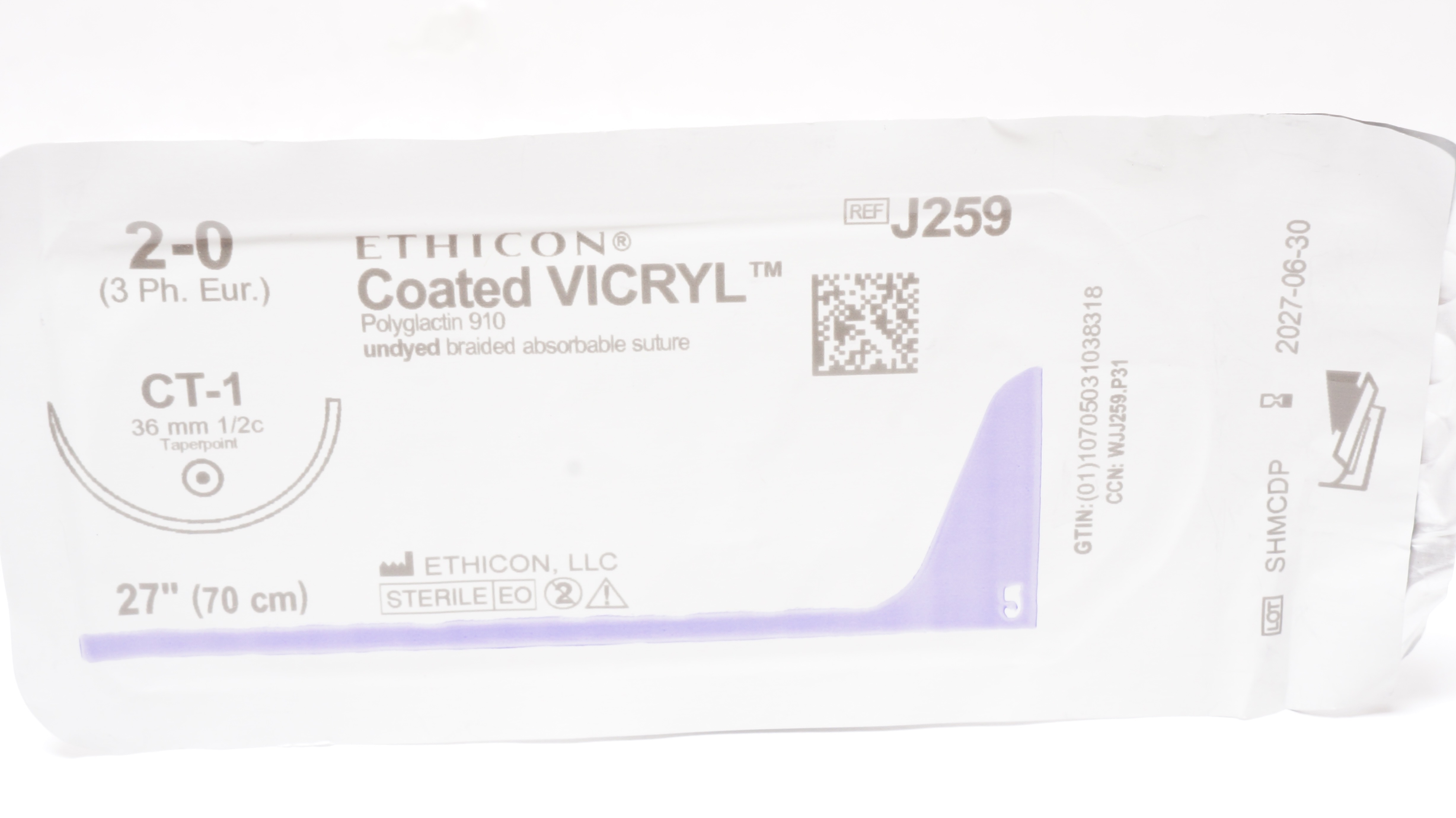 Ethicon J259 2-0 Coated VICRYL Polyglactin Stre CT-1 36mm 1/2c Taperpoint 27inch