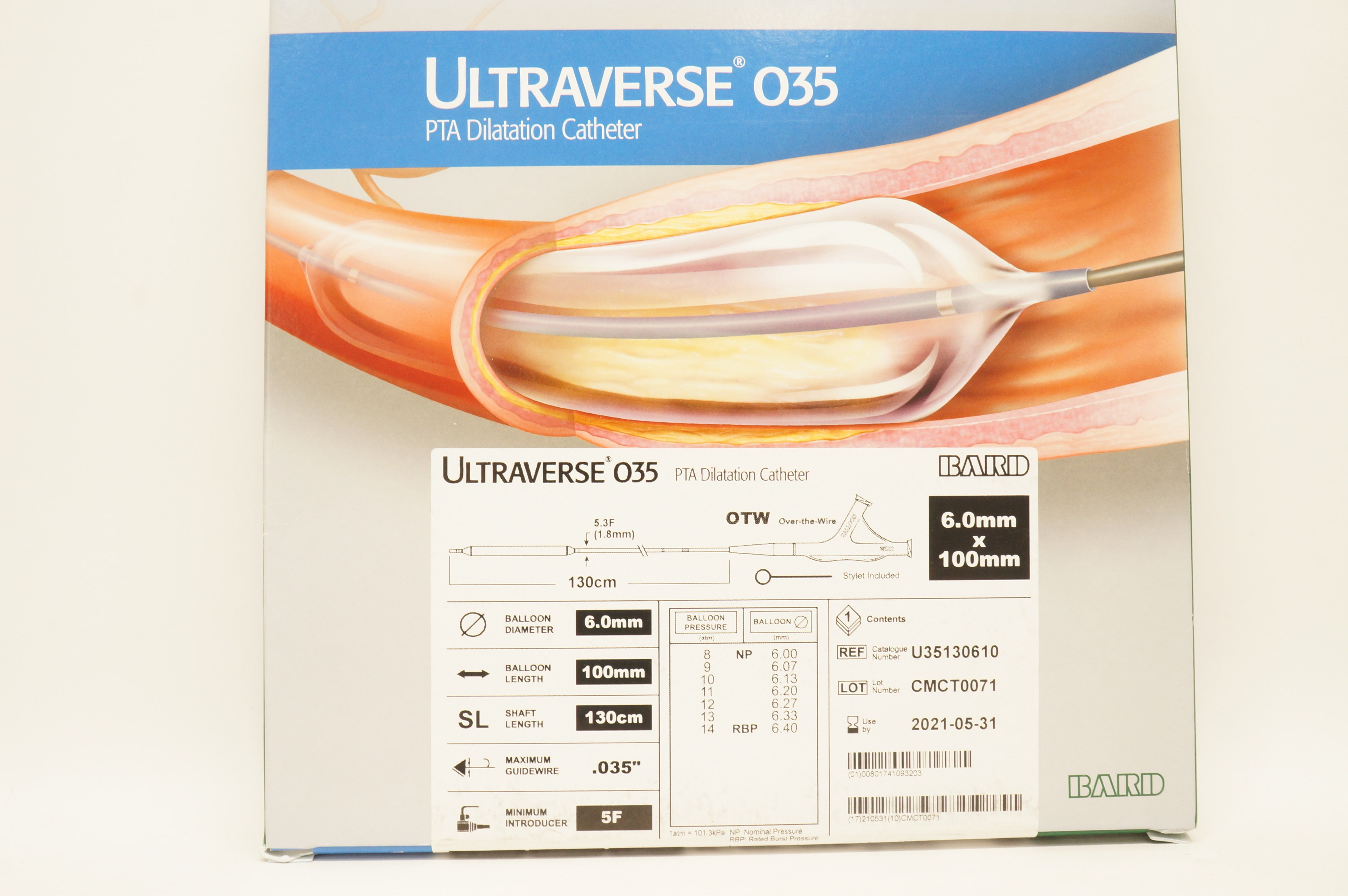Bard U35130610 Ultraverse 035 PTA Dilatation Cath. 5.3F x 130cm x 6.0 x 100mm(x)