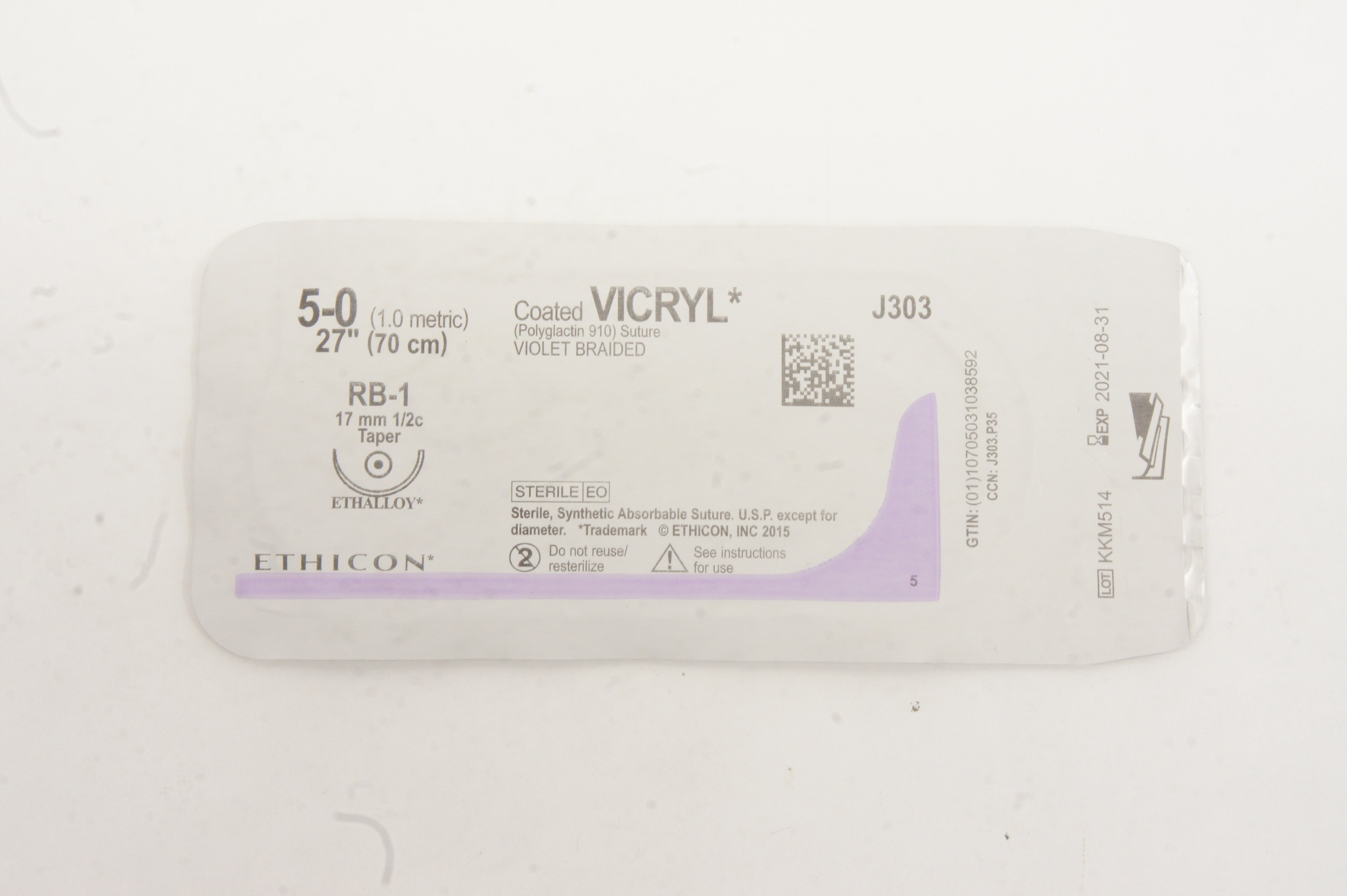 Ethicon J303 5-0 VICRYL RB-1 17mm 1/2c Taper, 27inch