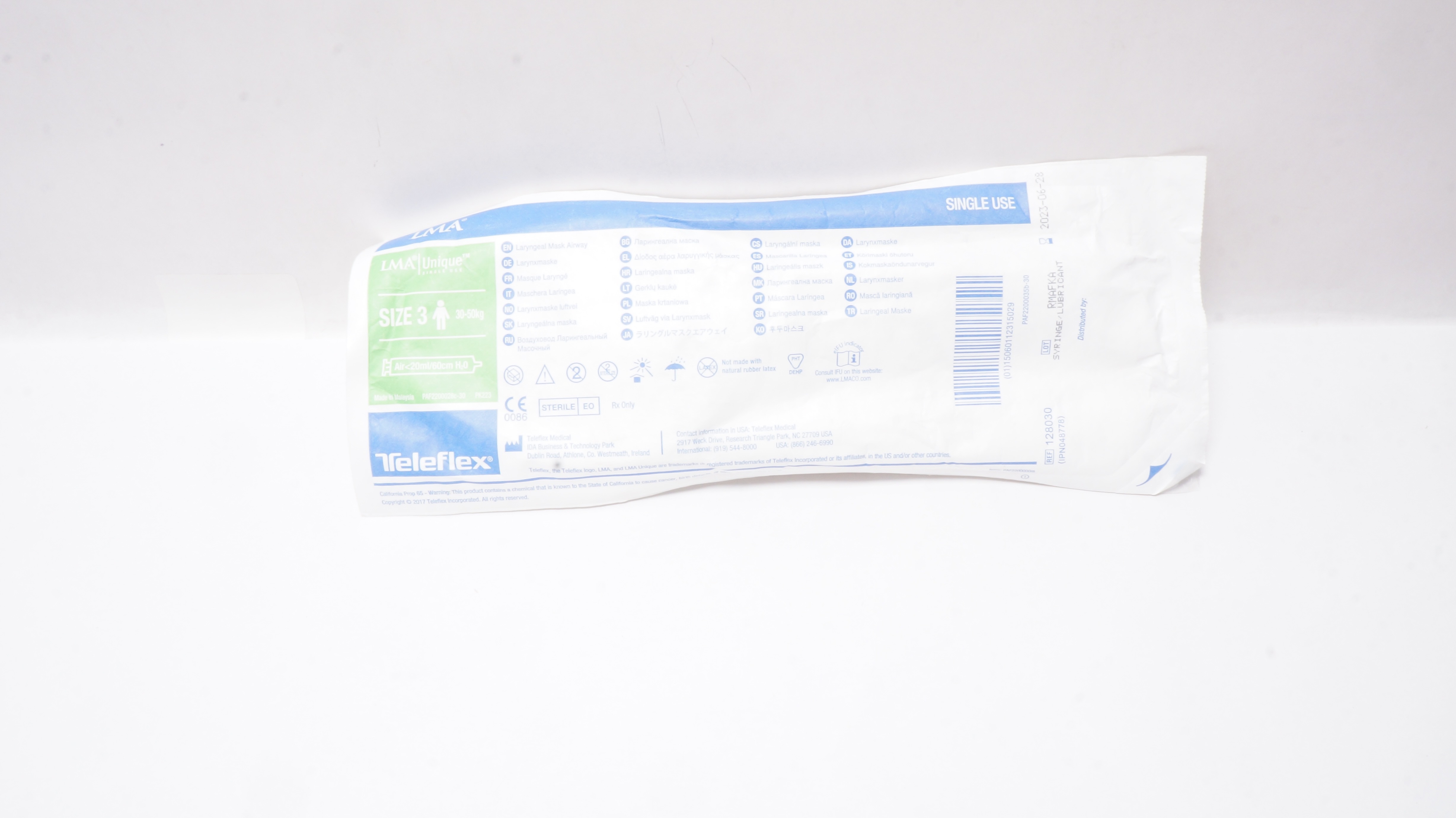 Teleflex 128030 LMA Unique Laryngeal Mask Airway, Size 3 30-50kg, <20ml/60cm H2O
