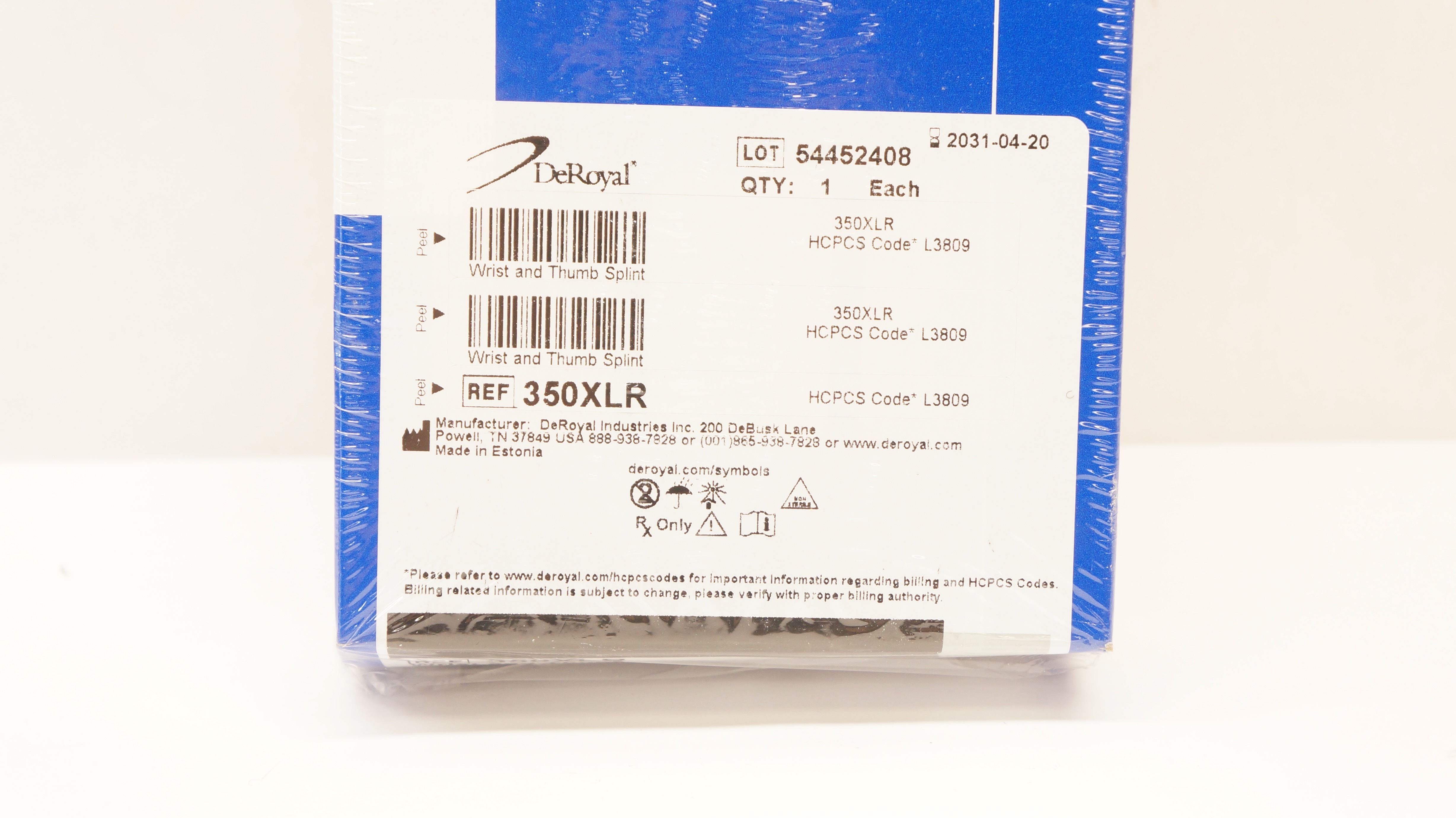 DeRoyal 350XLR Wrist and Thumb Splint Tritex X-Large 8inch, Right