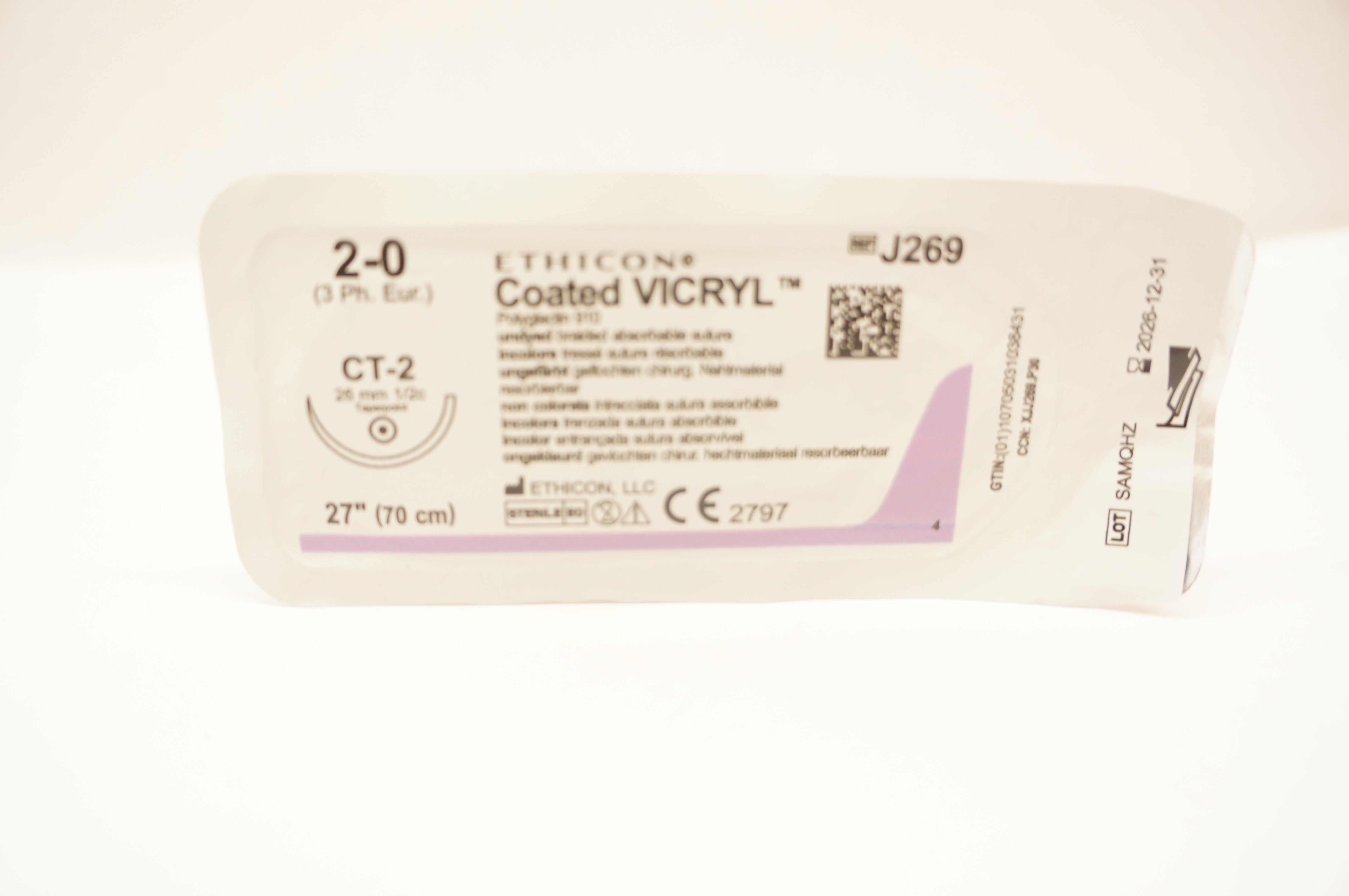 Ethicon J269 2-0 Coated VICRYL Braided Stre CT-2, 26mm 1/2c Taperpoint, 27inch