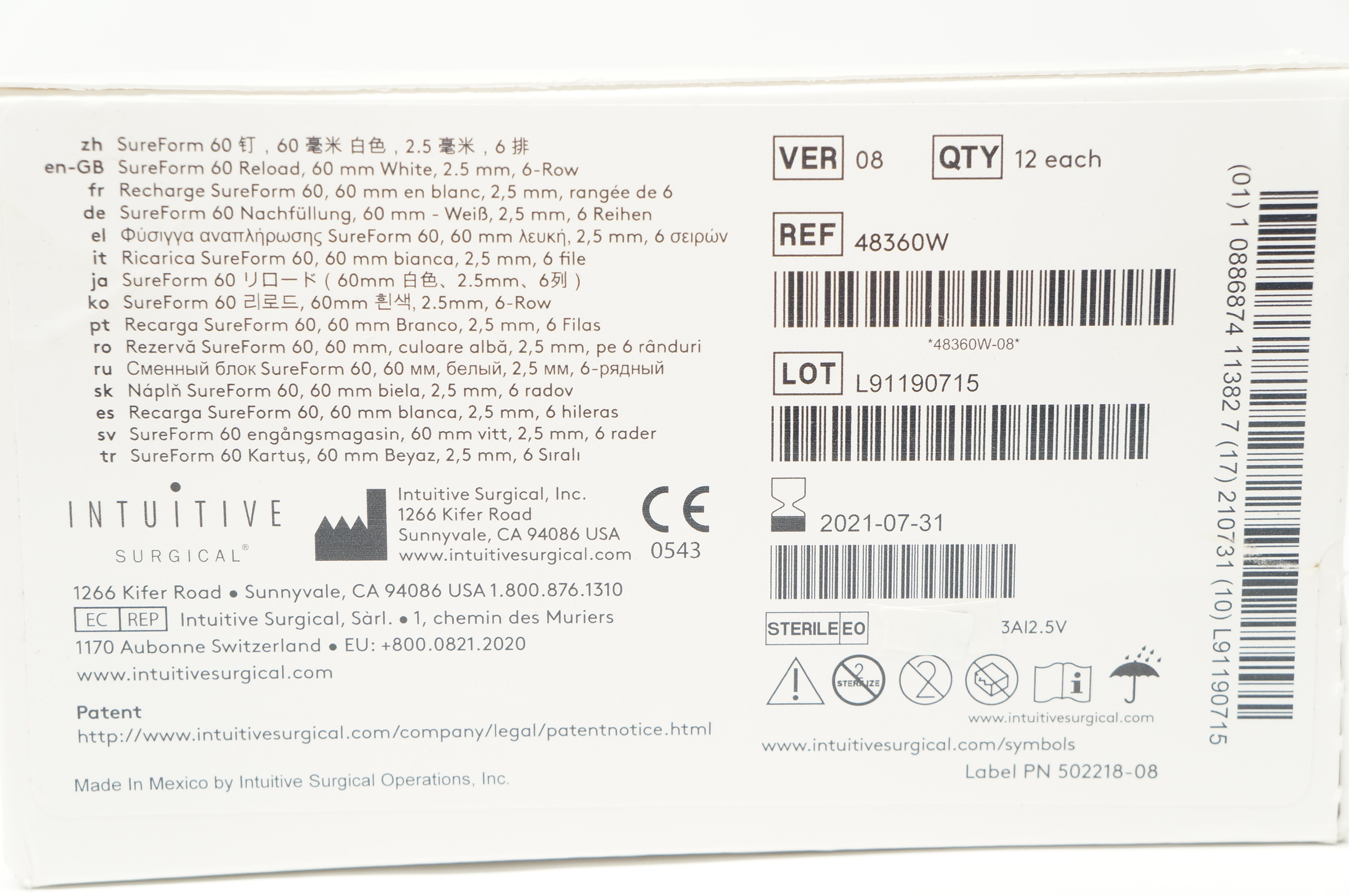 Intuitive 48360W SureForm 60mm Reload, White 6-Row 2.5mm - Box of 12