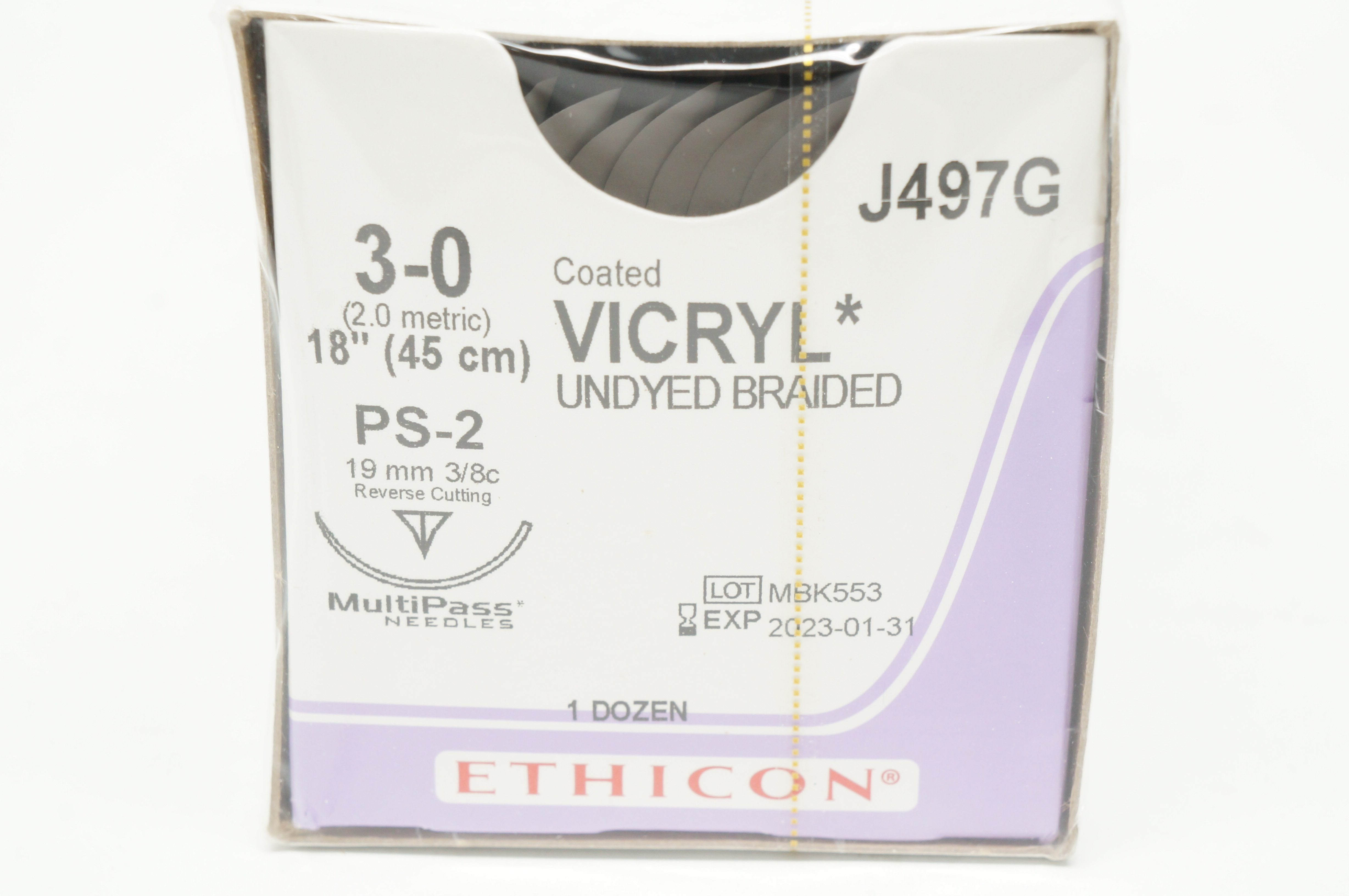 Ethicon J497G 3-0 Vicryl Stre PS-2 19mm 3/8c Reverse Cutting 18inch - Box of 12