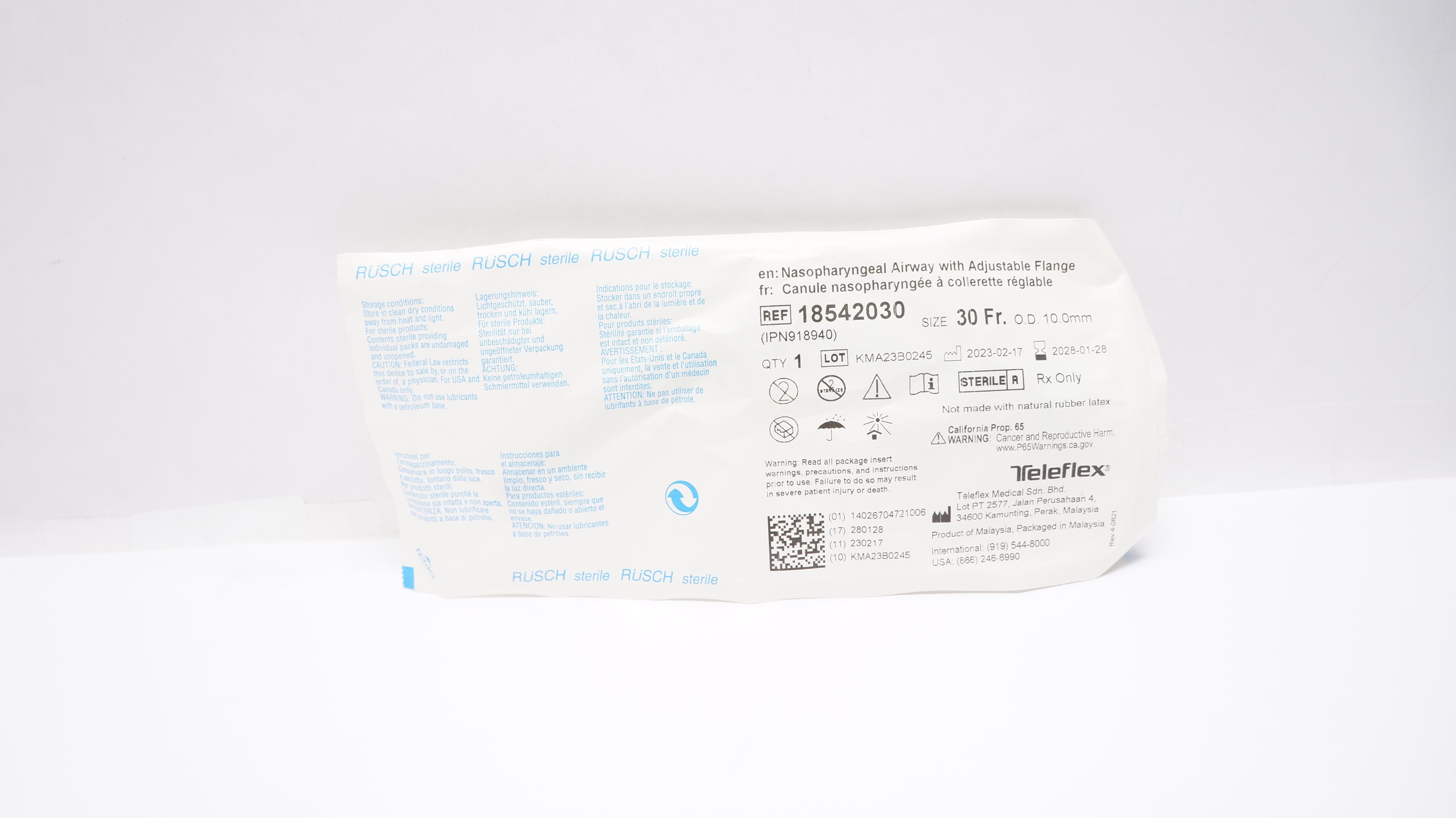 Teleflex 18542030 Nasopharyngeal Airway with Adjustable Flange 30Fr. x 10mm