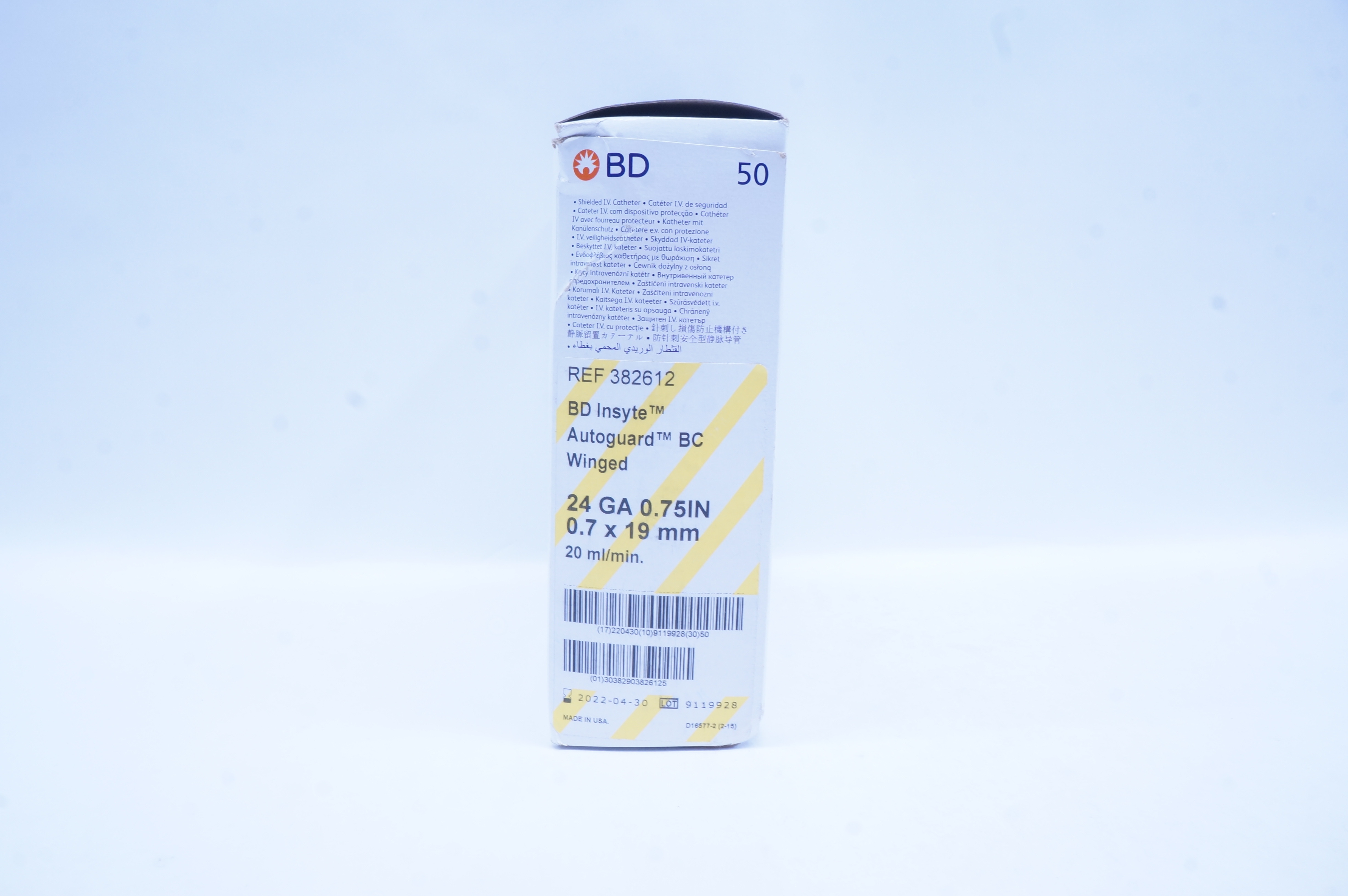 BD 382612 Insyte Autoguard BC Shielded I.V. Cath. 24GA x 0.75 inch - Box of 50