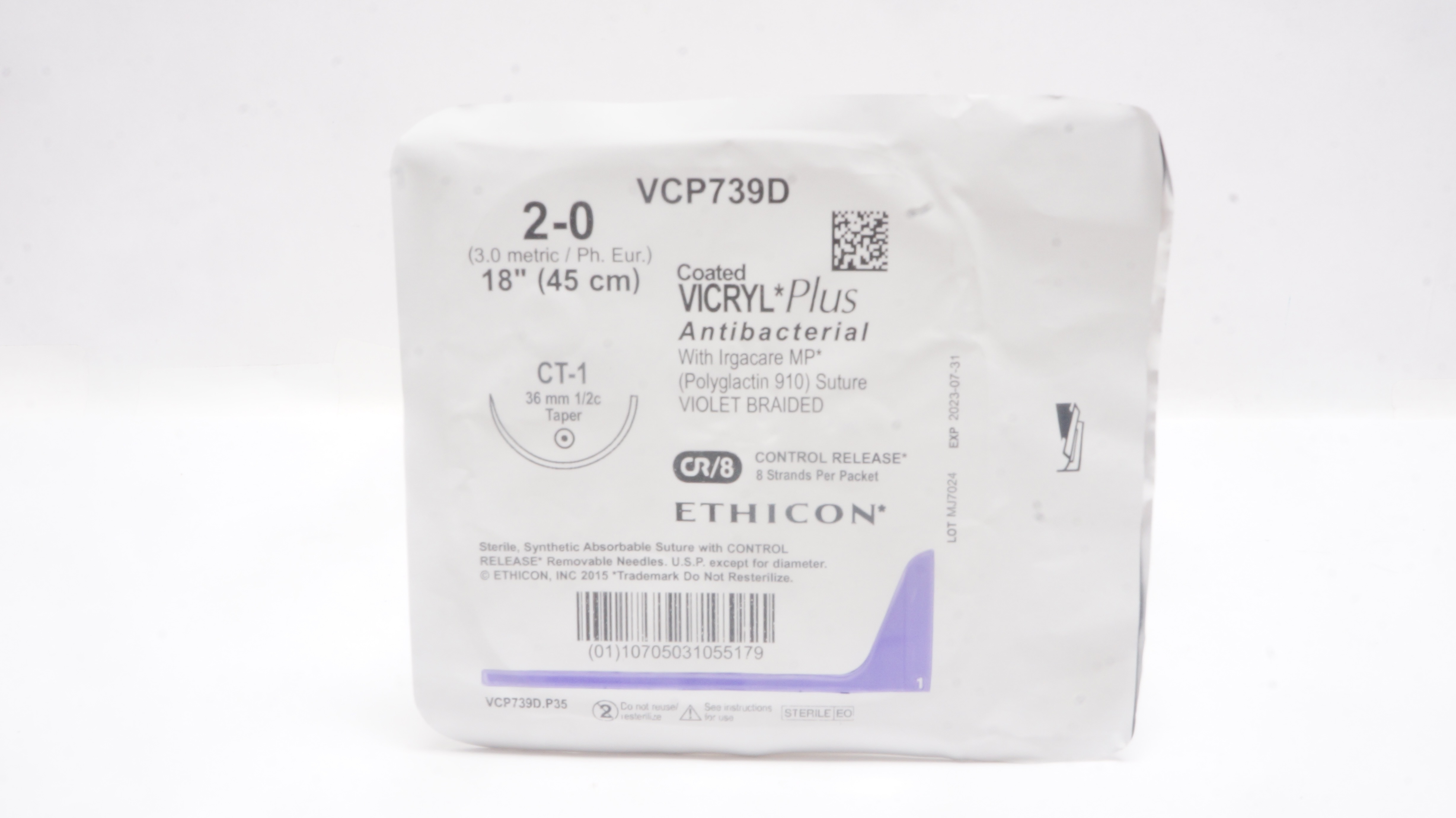 Ethicon VCP739D 2-0 VICRYL Plus Polyglactin Stre CT-1 36mm 1/2c Taper 18 inch(x)