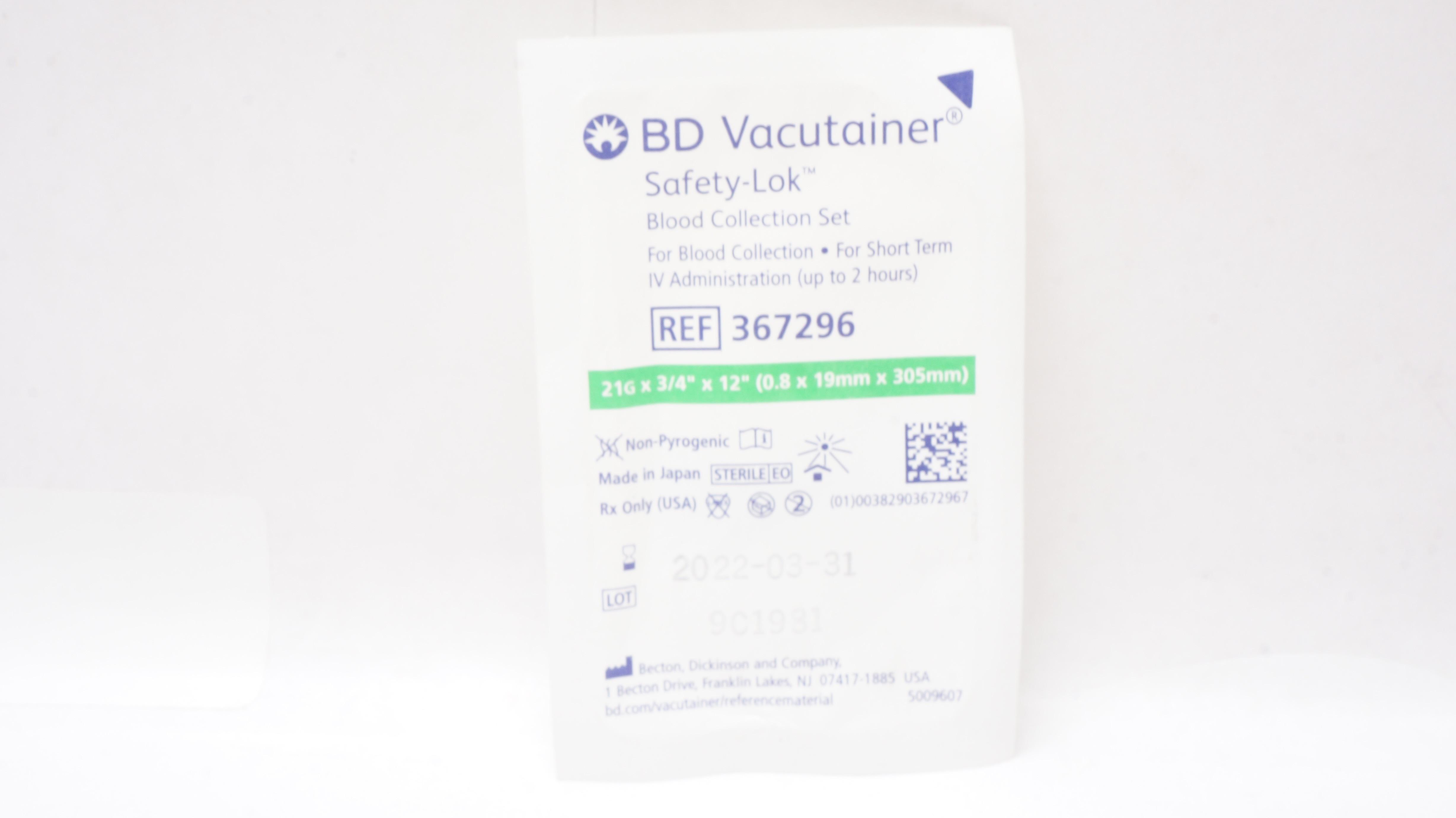 BD 367296 Vacutainer Safety-Lok Blood Collection Set 21G x 3/4in. x 12inch (x)