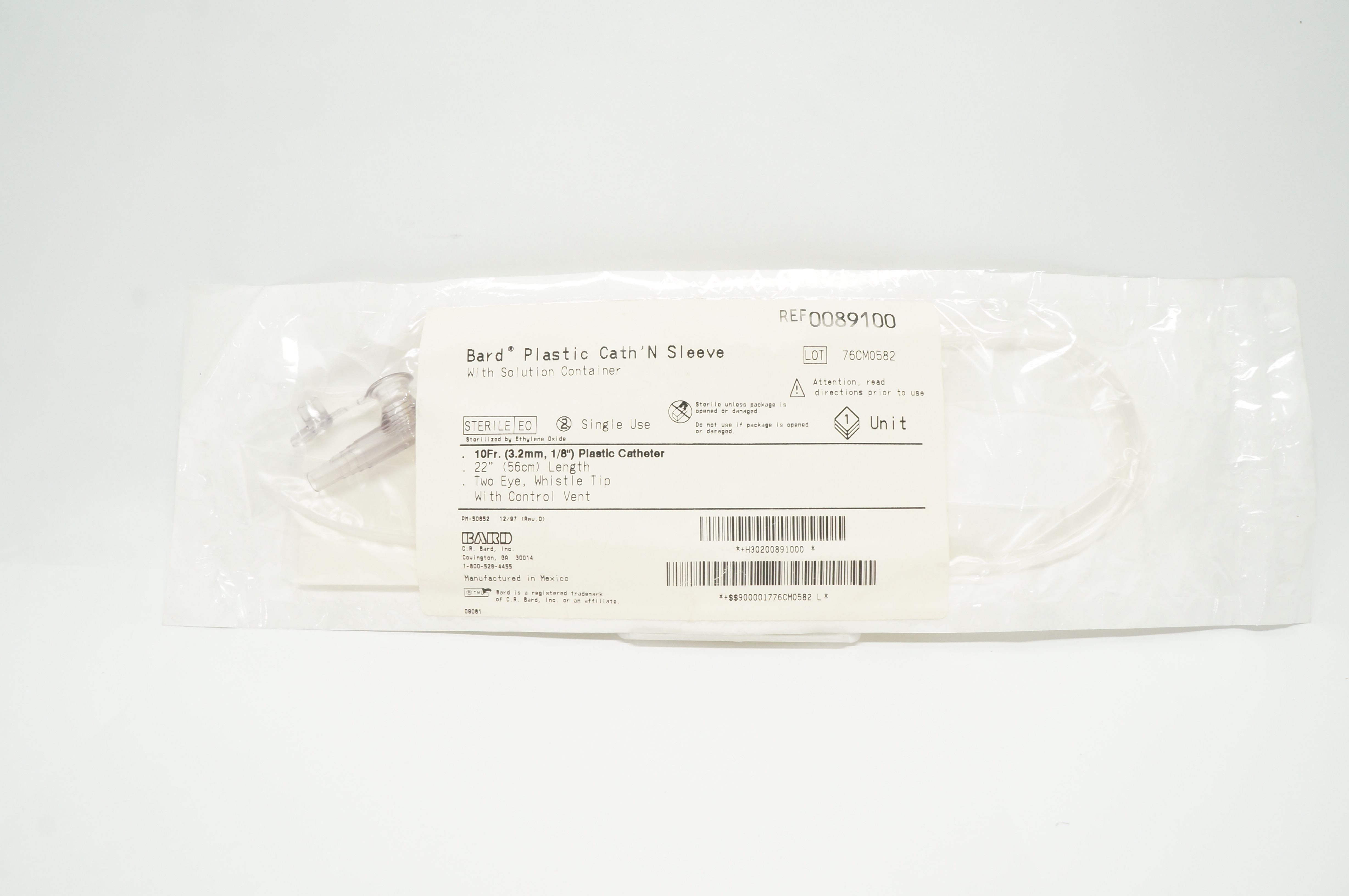 Bard 0089100 Plastic Cath'N Sleeve with Solution Container 10Fr x 22 inch