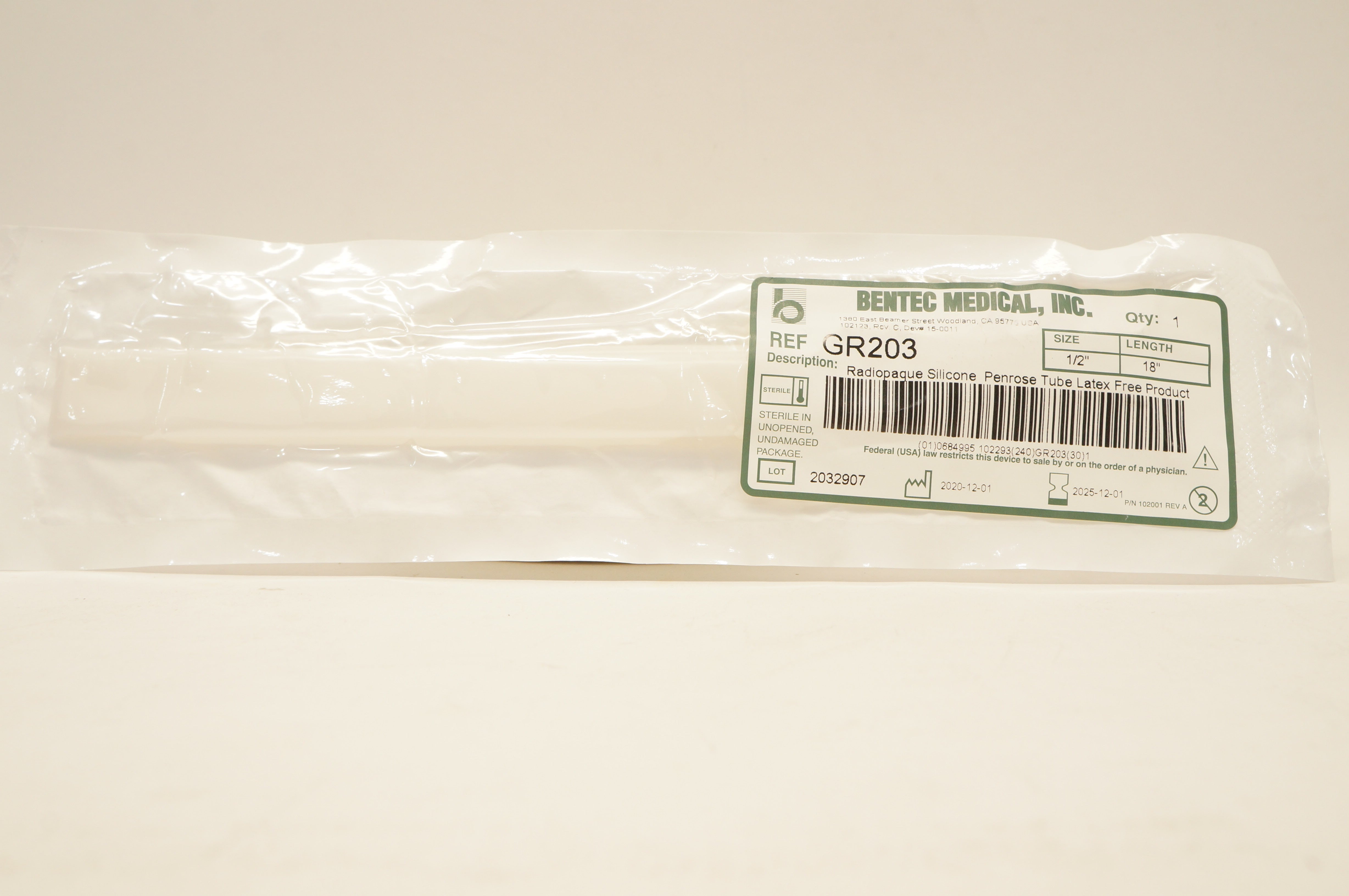 Bentec Medical GR203 Radiopaque Silicone Penrose Drain 1/2inch x 18inch