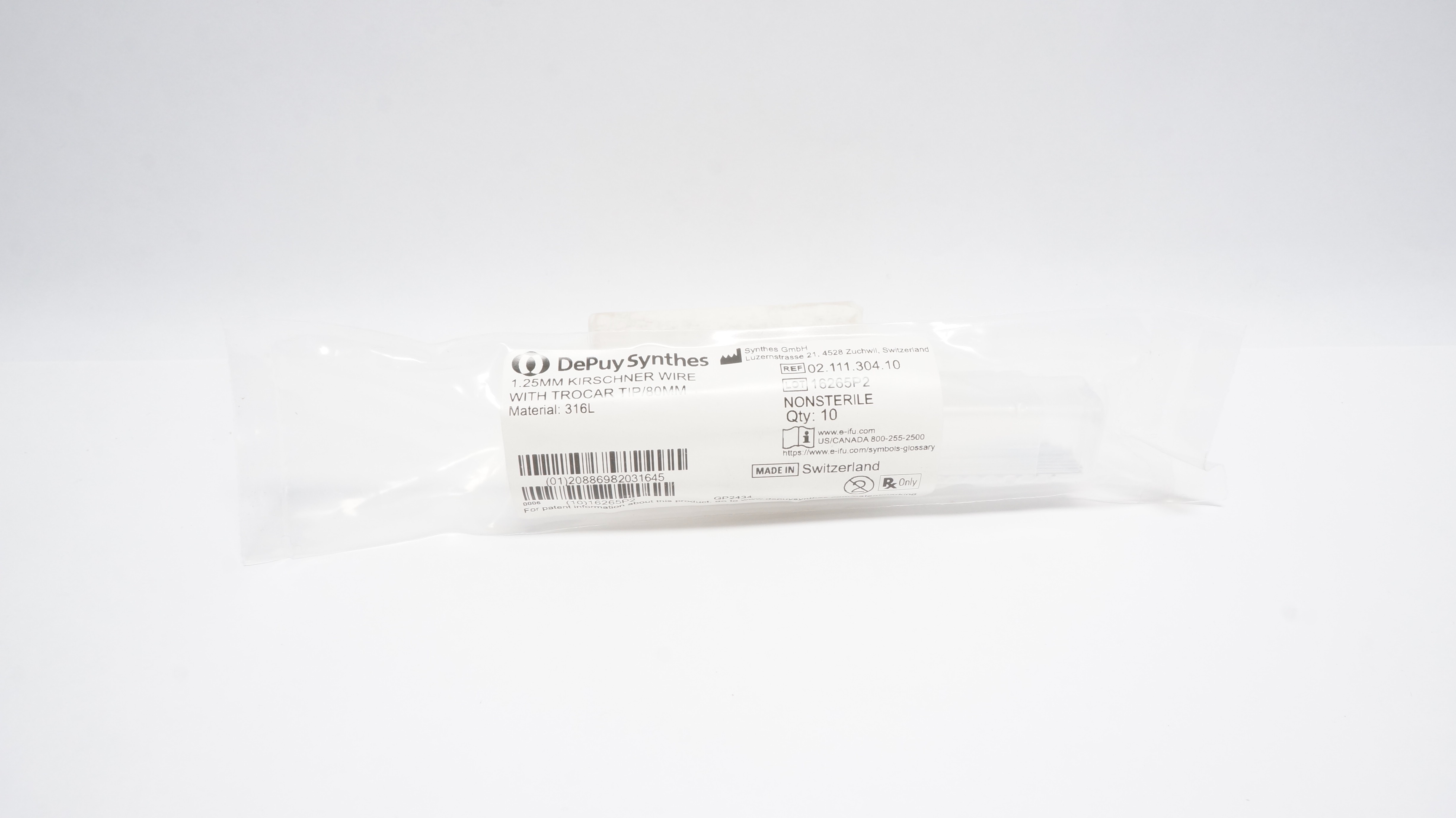 DePuy Synthes 02.111.304.10 1.25 mm KIRSCHNER WIRE W/TROCAR TIP/80MM -Pack of 10