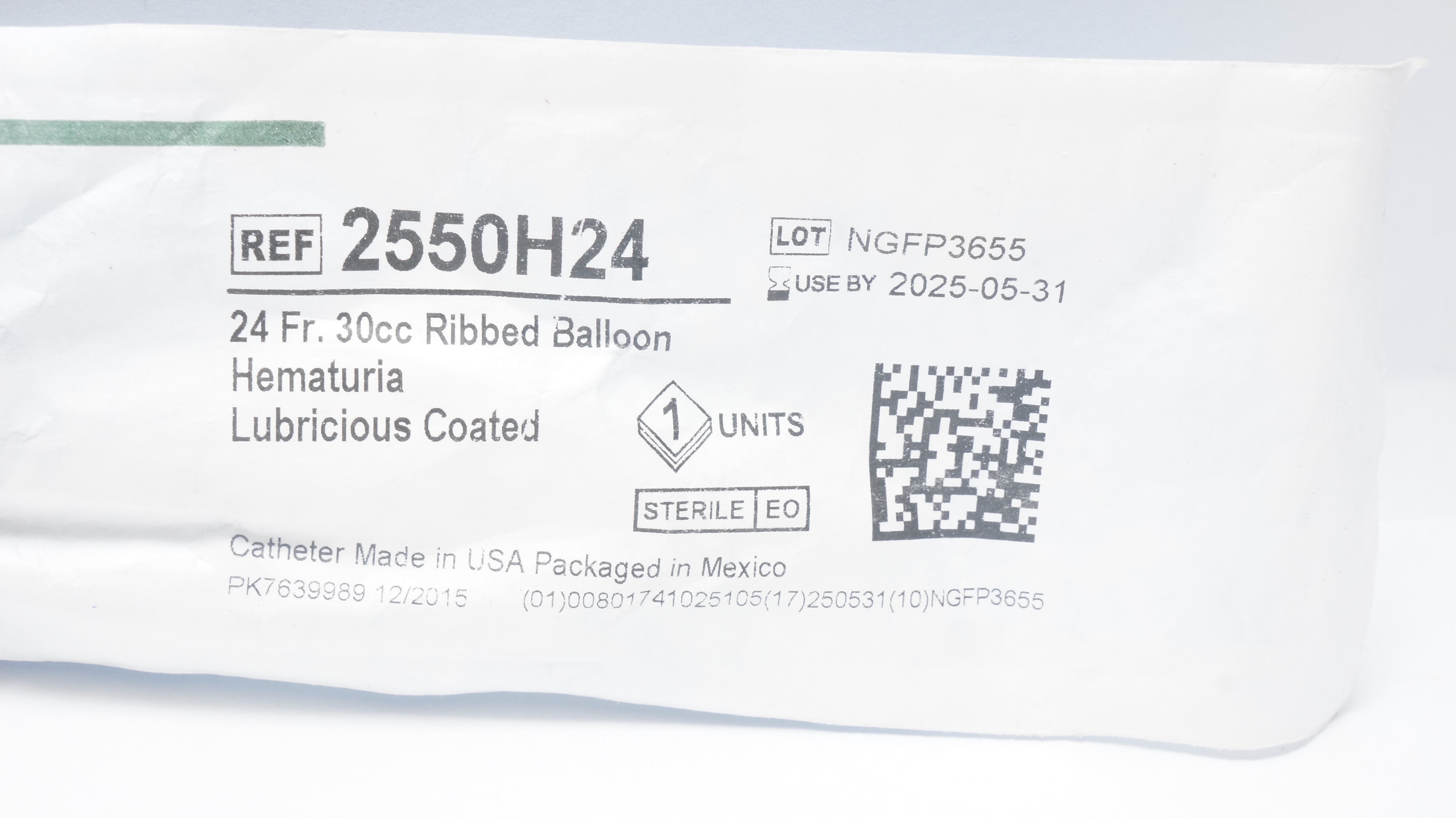 Bard 2550H24 Bardex Foley Cath. 24Fr. 30cc Ribbed Balloon Lubricious Coated