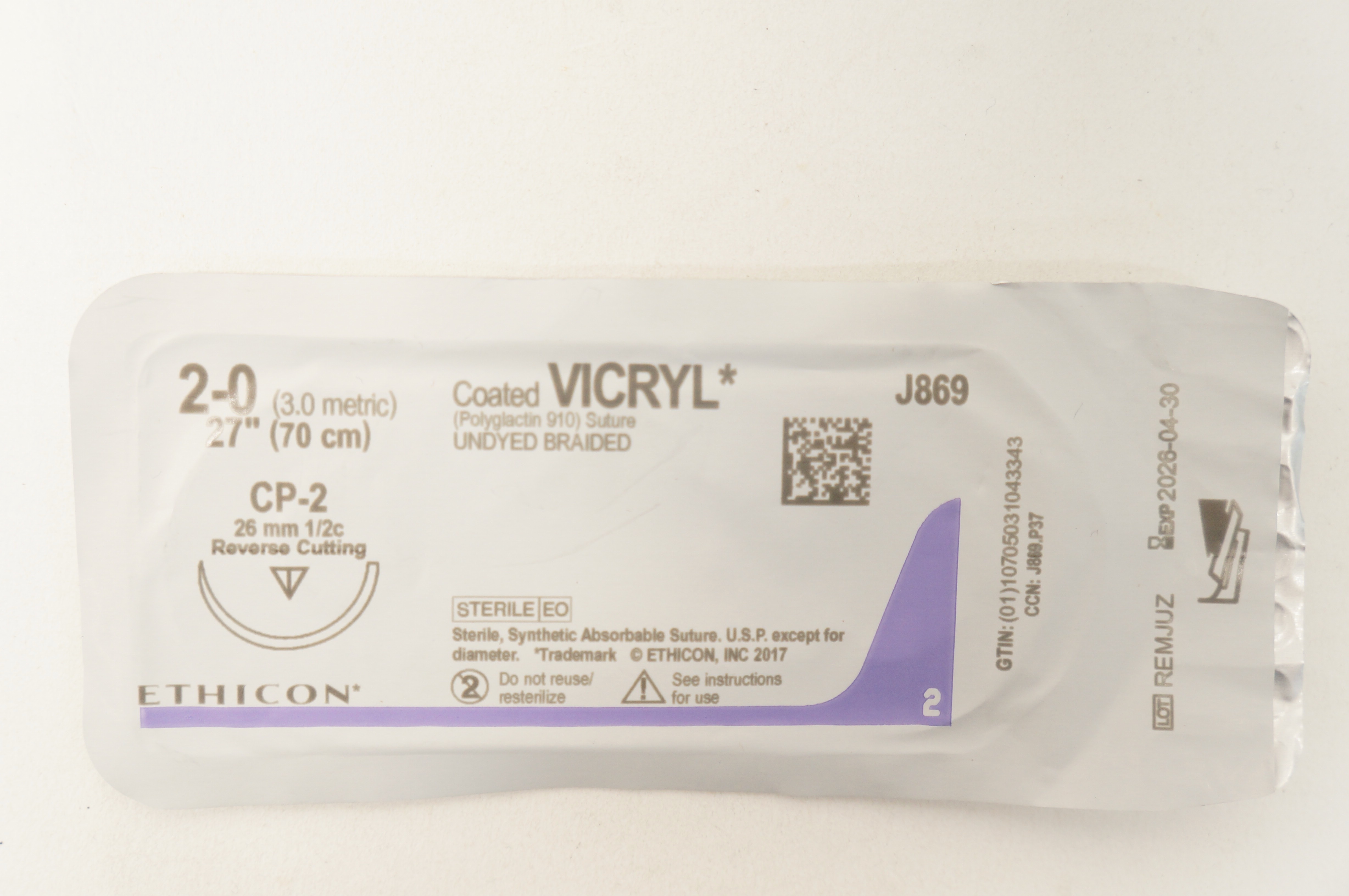 Ethicon J869 2-0 VICRYL CP-2 26mm 1/2c Reverse Cutting, 27inch