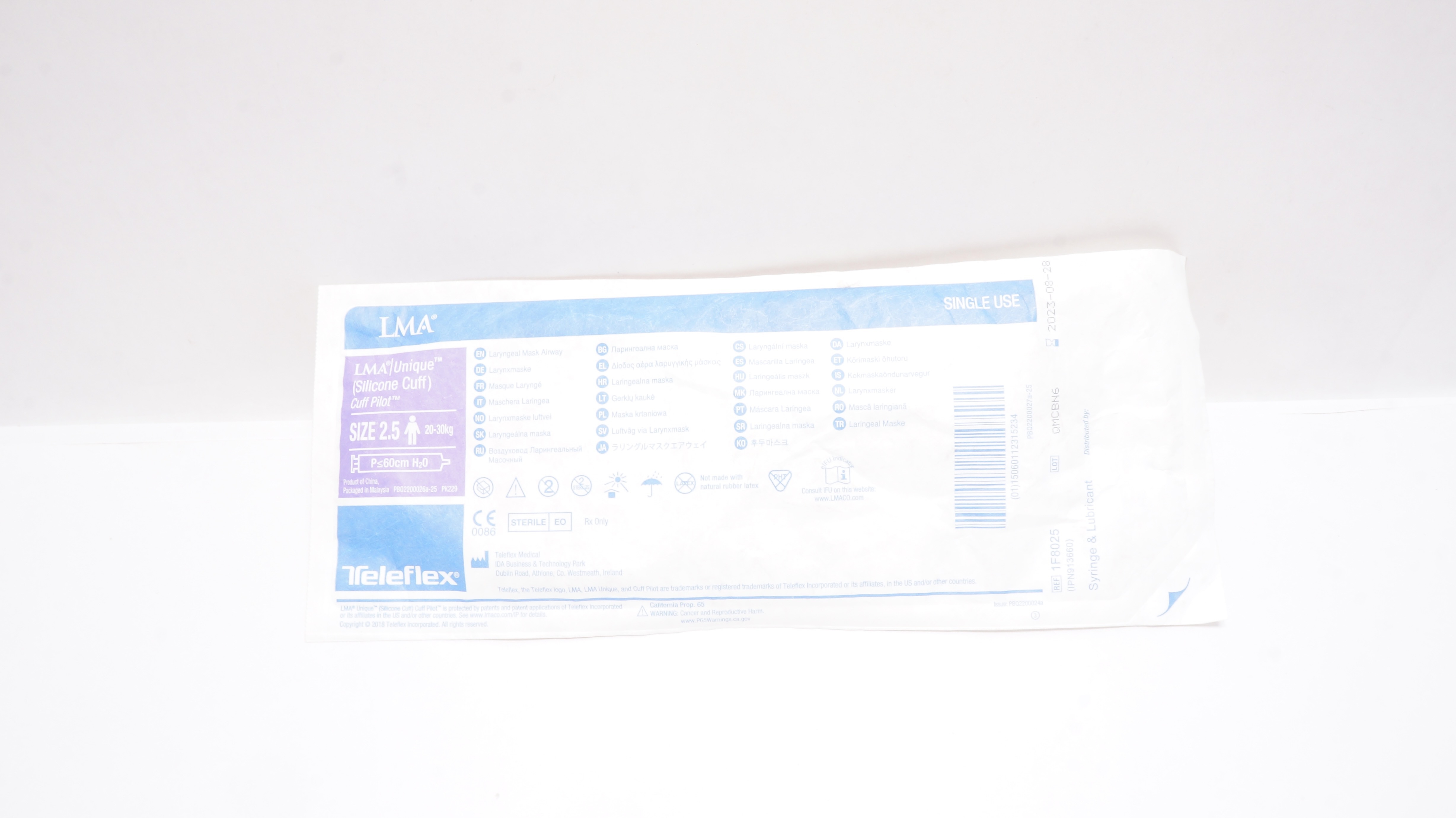 Teleflex 1F8025 Unique Laryngeal Mask Airway Size 2.5 20-30kg P≤60cm H2O (x)