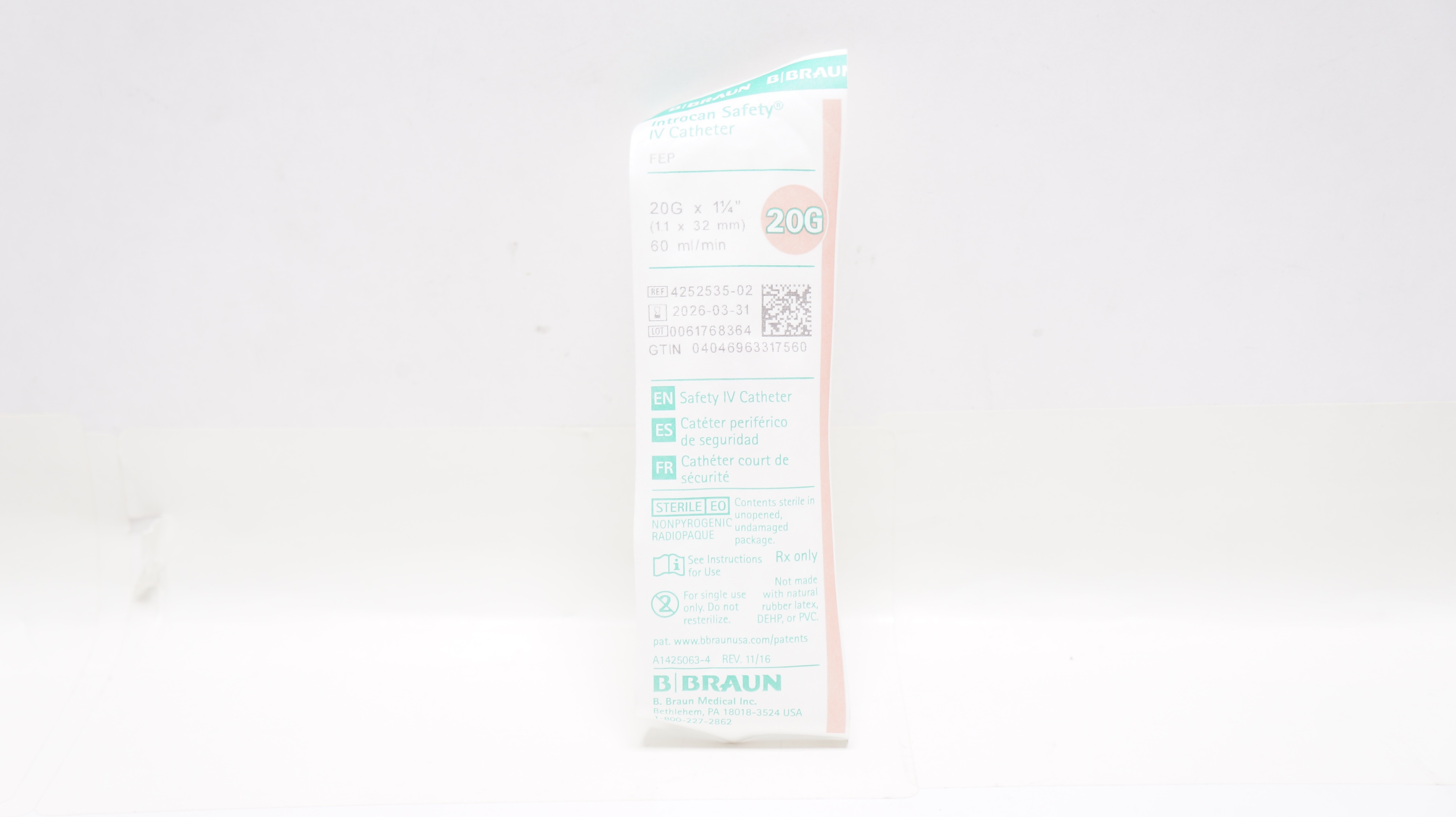 Braun 4252535-02 Introcan Safety IV Cath. 20G x 1-1/4inch 60ml/min