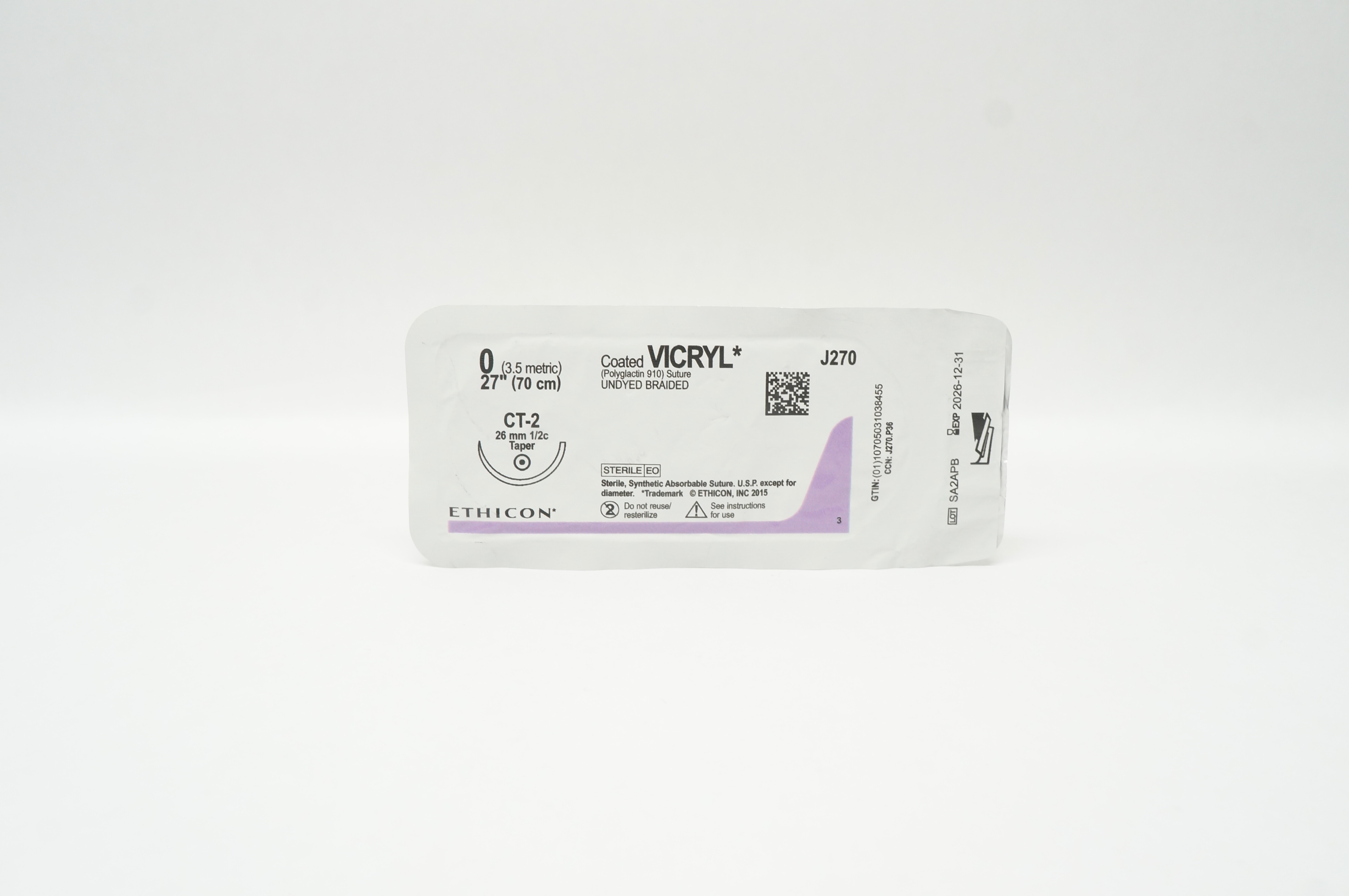 Ethicon J270 0 Coated VICRYL Undyed Braided Stre  CT-2, 26mm 1/2c Taper, 27inch